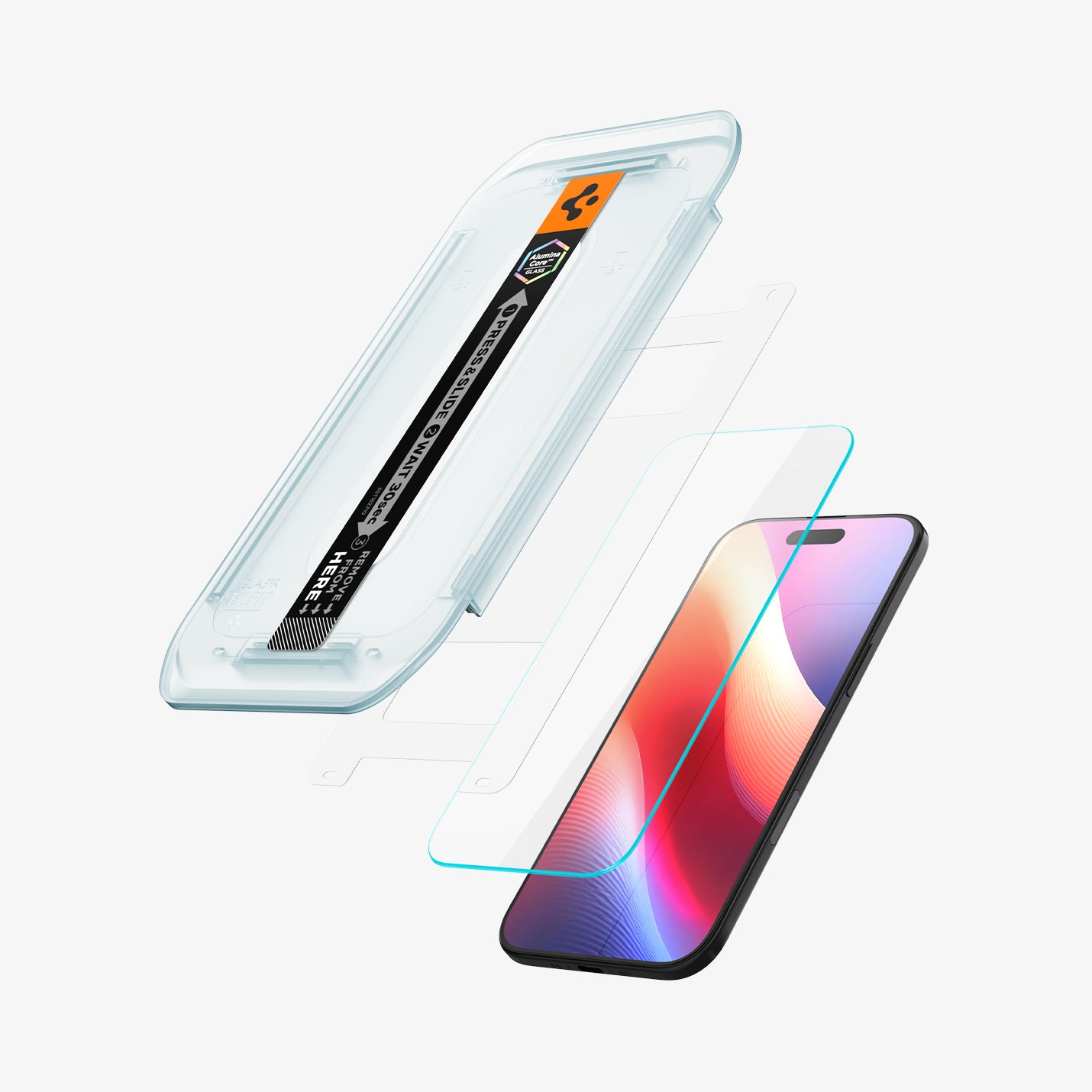 Uno smartphone con protezione schermo e vassoio di installazione.