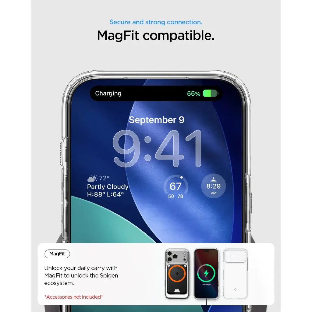 Un iPhone con custodia MagFit in carica, mostra le 9:41 e il 55% di batteria.