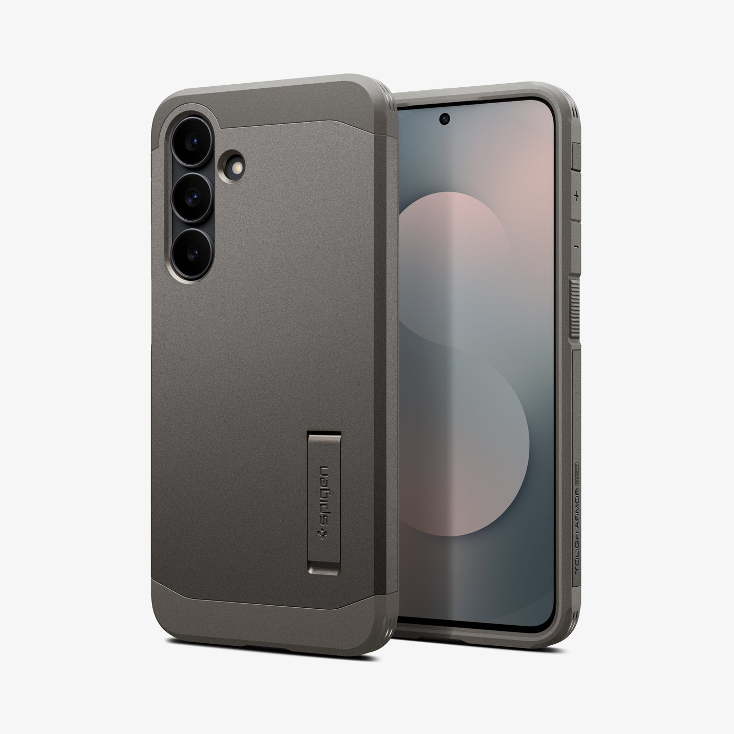 Smartphone gris avec étui protecteur et béquille, triple appareil photo.