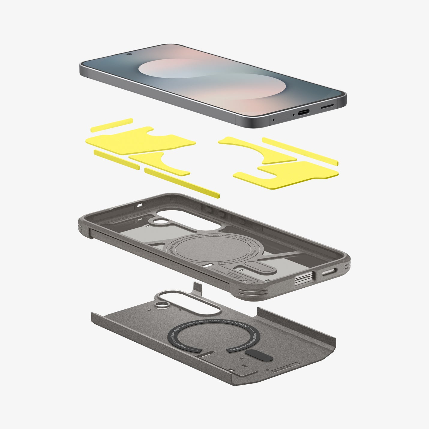 Vue éclatée d'une coque de téléphone avec des inserts jaunes.