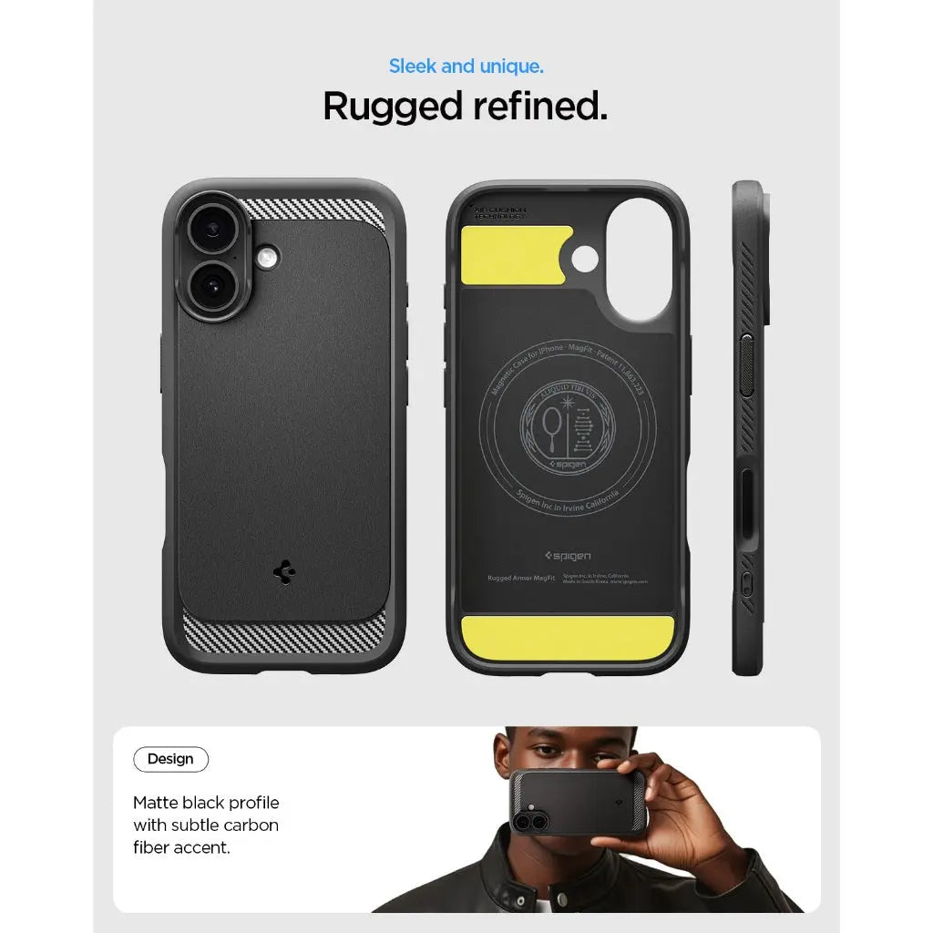 Zwarte iPhone-hoes met gele accenten en koolstofvezeldetails.