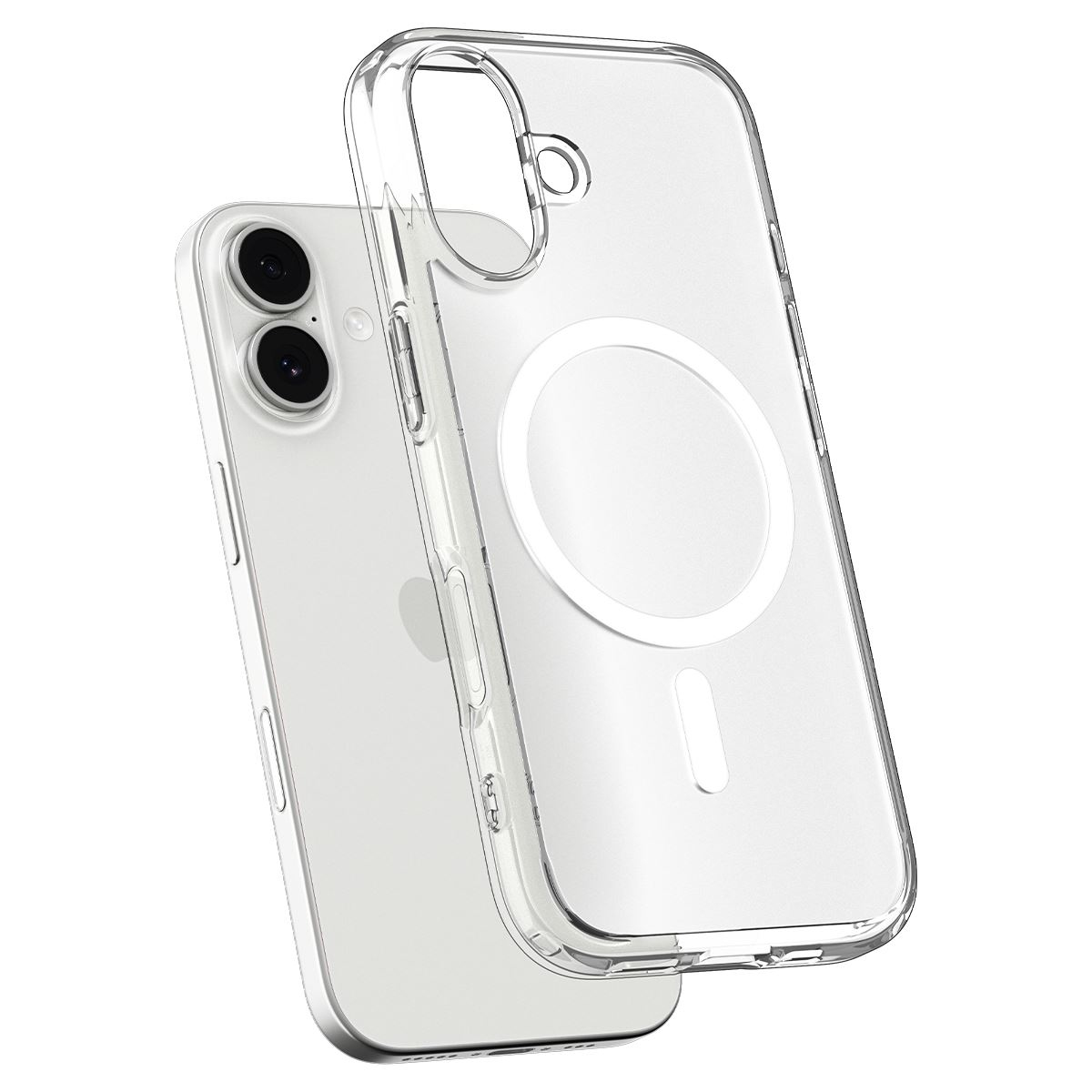 Een doorzichtige iPhone met een bijpassende hoes die de magnetische ring onthult.