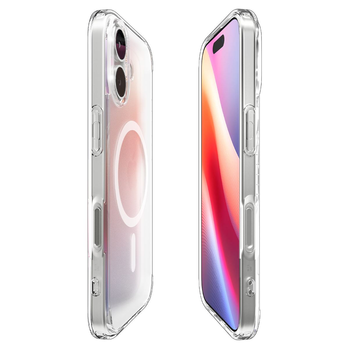 Twee doorzichtige telefoonhoesjes met magneetringen naast elkaar op witte achtergrond.