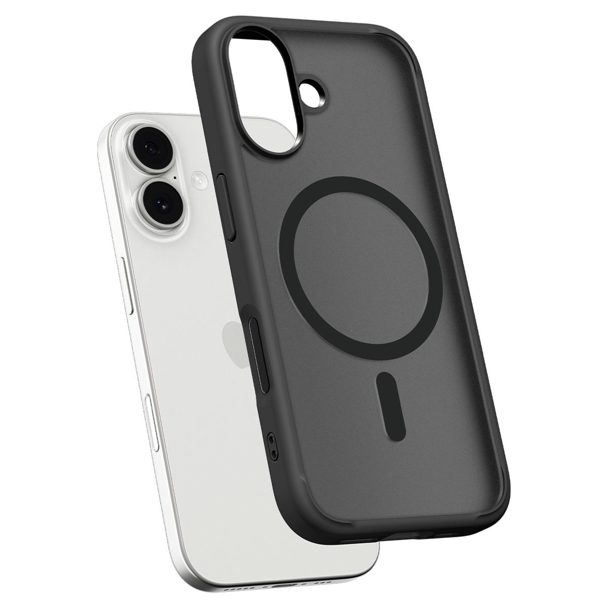 Een zilveren iPhone met een zwarte magnetische telefoonhoes erachter.