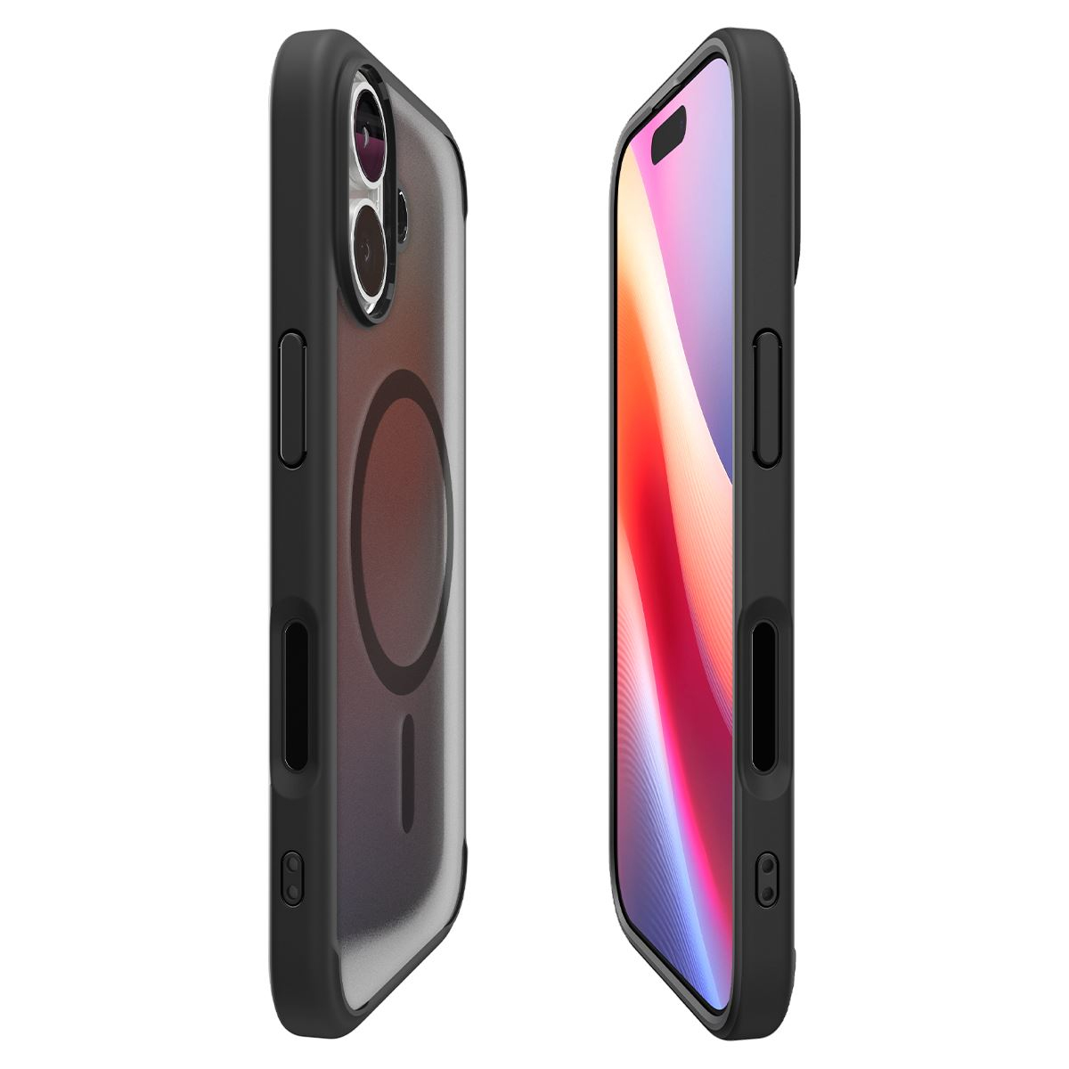 Twee zwarte telefoonhoesjes naast elkaar, witte achtergrond.