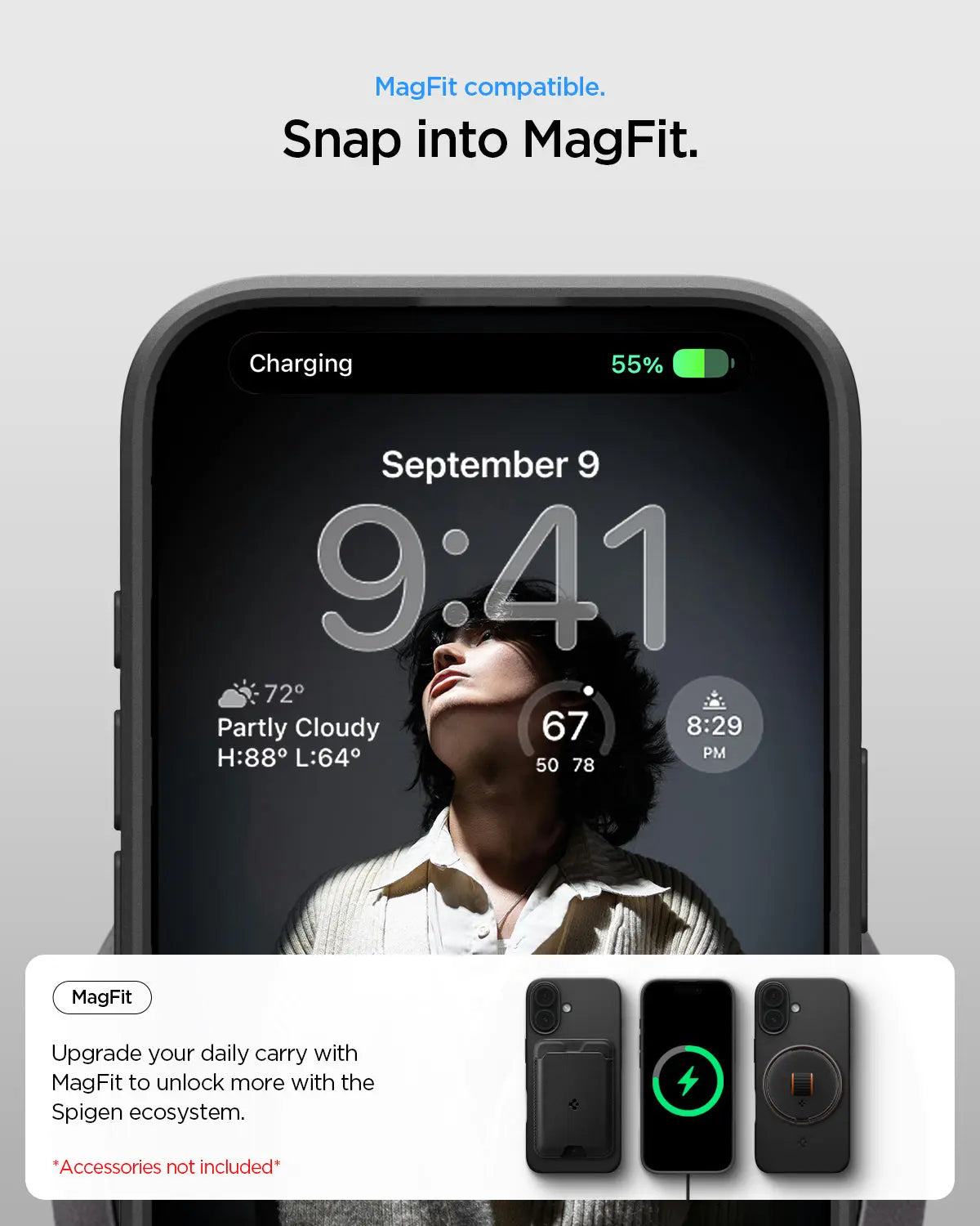 Un iPhone mostra la schermata di blocco alle 9:41. Sotto ci sono tre custodie MagFit. Compatibile.