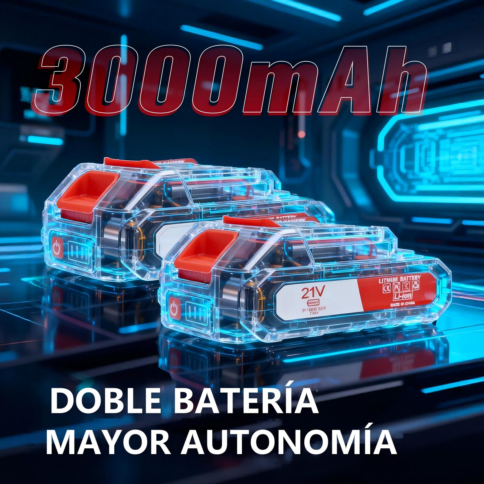 Dos baterías de litio transparentes de 3000 mAh con asas rojas sobre fondo azul iluminado.