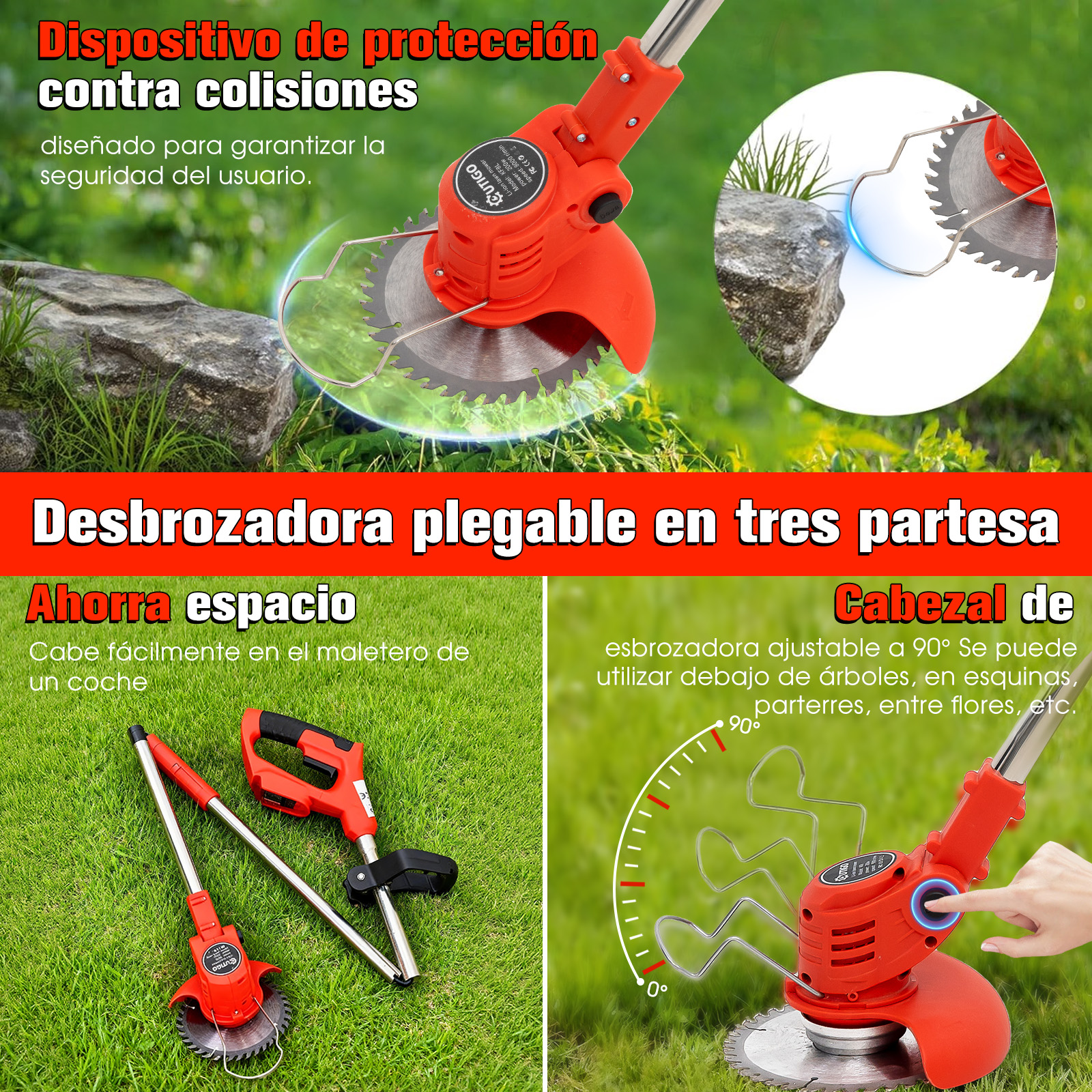 Un cortasetos naranja con cuchilla de metal y protector sobre hierba verde.
