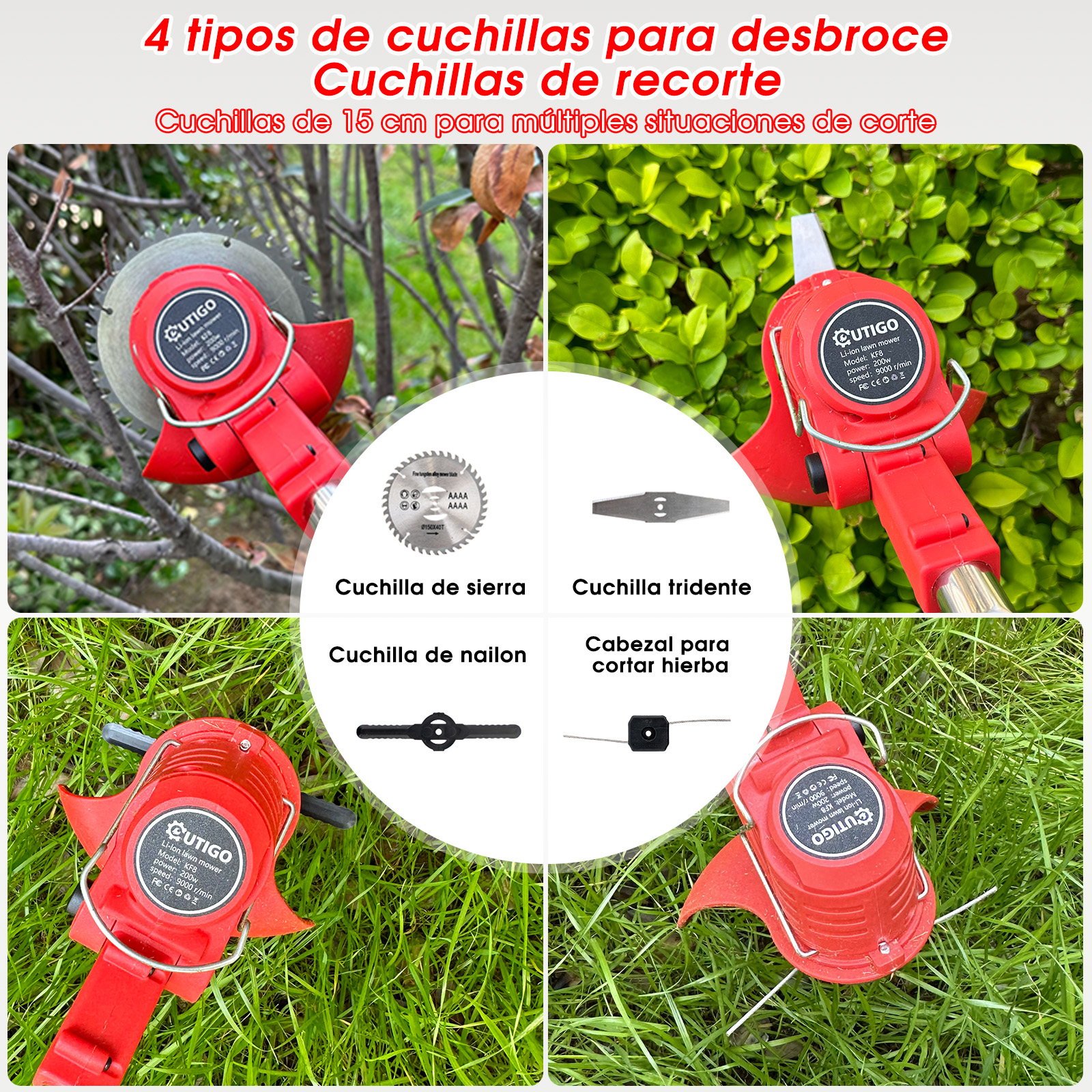 Cuatro herramientas para desbrozadora: hoja de sierra, hoja tridente, hoja nylon.