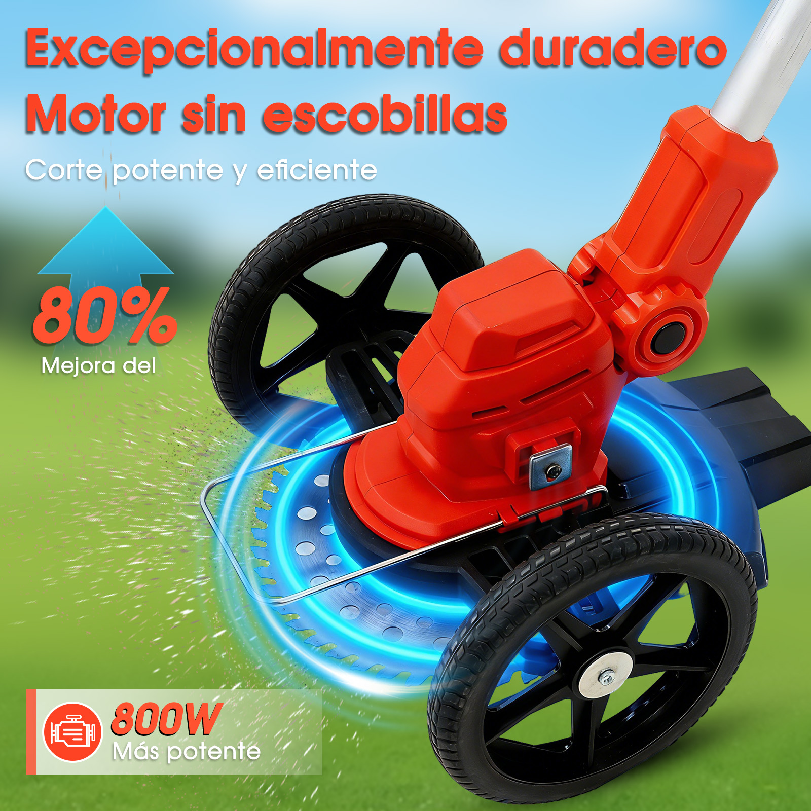 Un cortacésped rojo con ruedas y una cuchilla giratoria cortando césped.