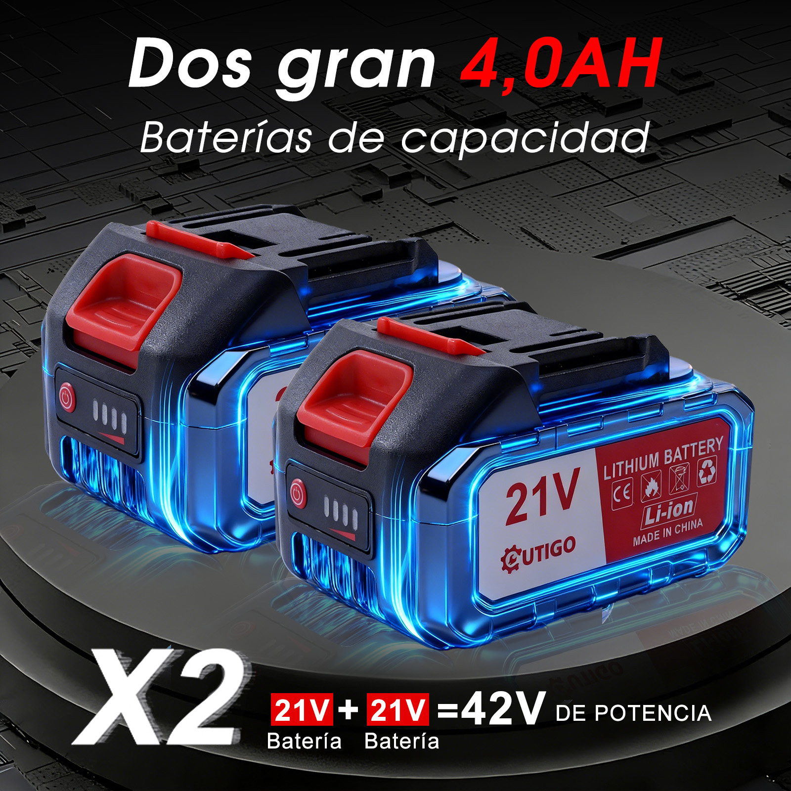 Dos baterías de iones de litio de 21V 4.0AH con iluminación LED azul.