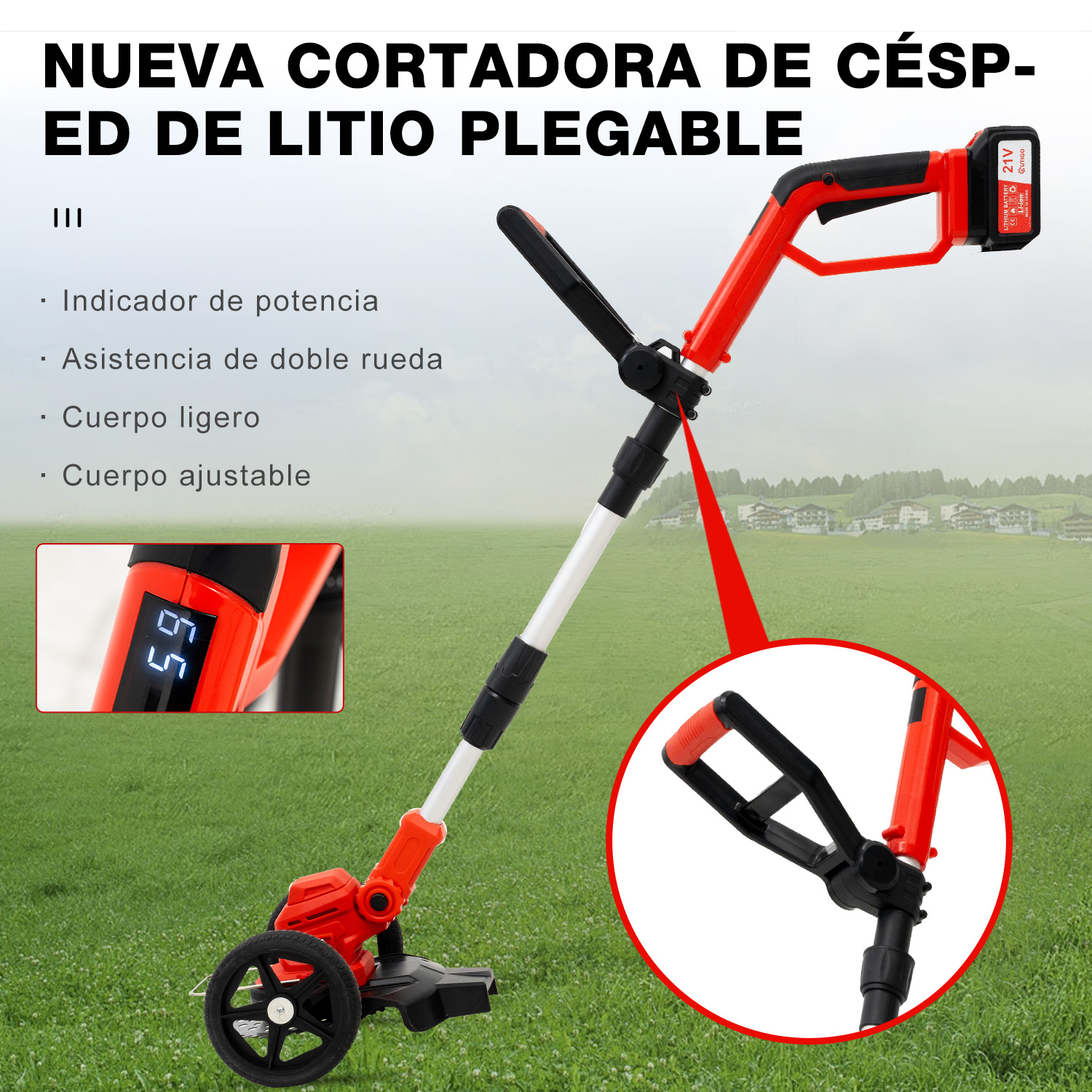 Cortacésped plegable de litio con ruedas y pantalla de potencia digital.