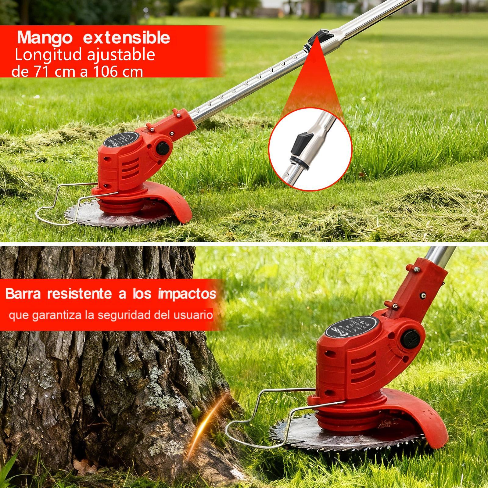 Un cortacésped rojo con mango extensible y cuchilla sobre césped.