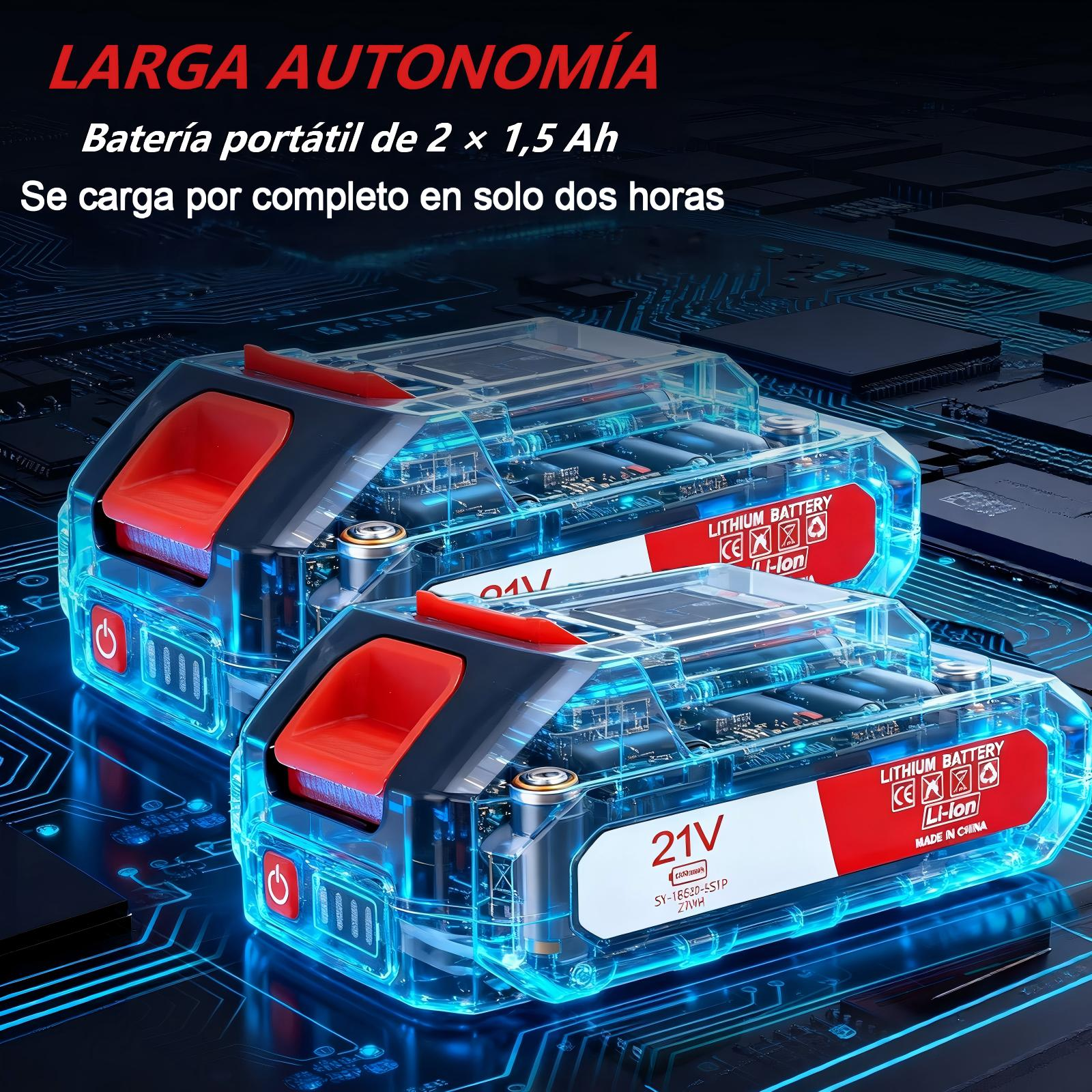 Dos baterías transparentes de Li-Ion de 21V con detalles rojos sobre un circuito digital.