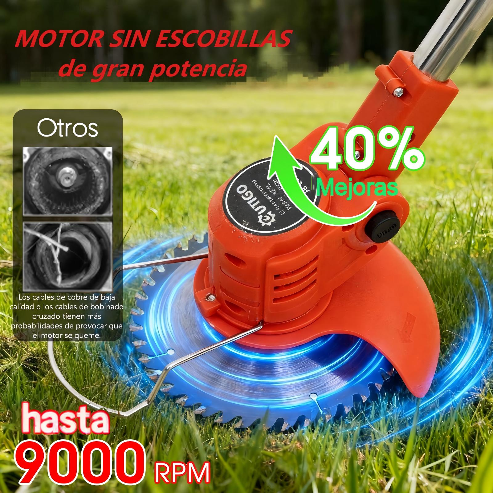 Cabezal naranja de desbrozadora con cuchilla giratoria. Texto: 40% Mejoras, hasta 9000 RPM.