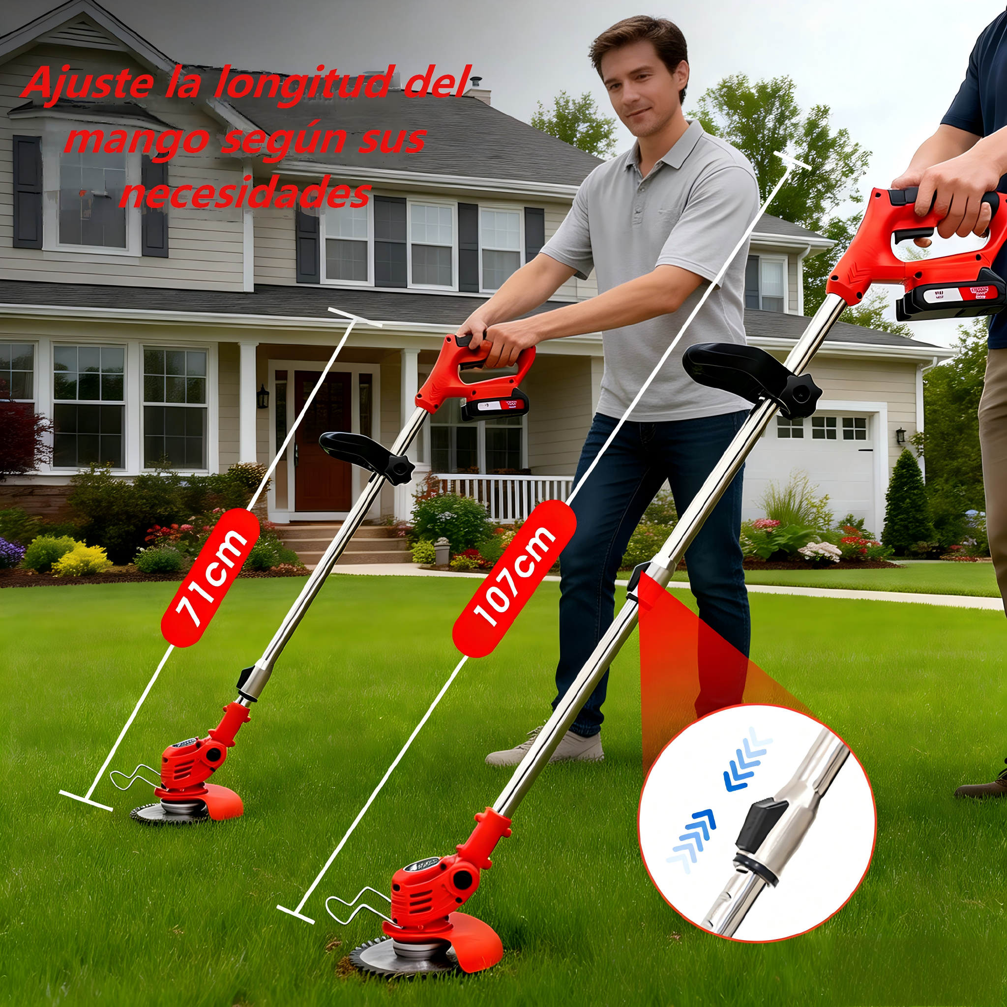 Hombres con cortabordes frente a una casa. Se muestran longitudes de 71cm y 107cm.