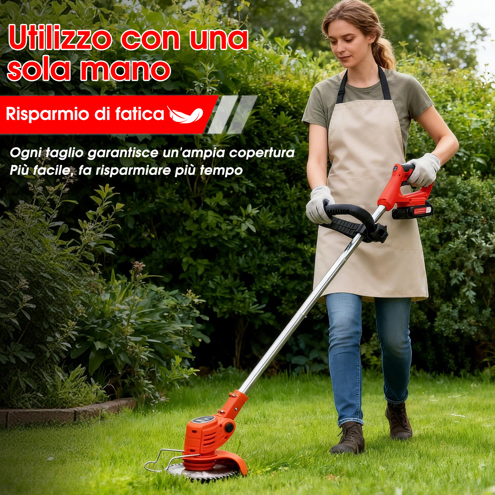 Una donna con grembiule taglia l'erba con un decespugliatore in giardino.