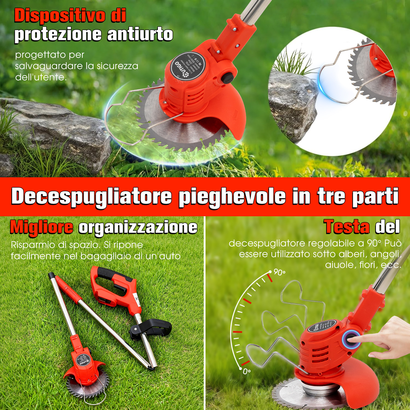 Un decespugliatore arancione pieghevole, mostrato in uso e riposto. Caratteristiche di sicurezza.