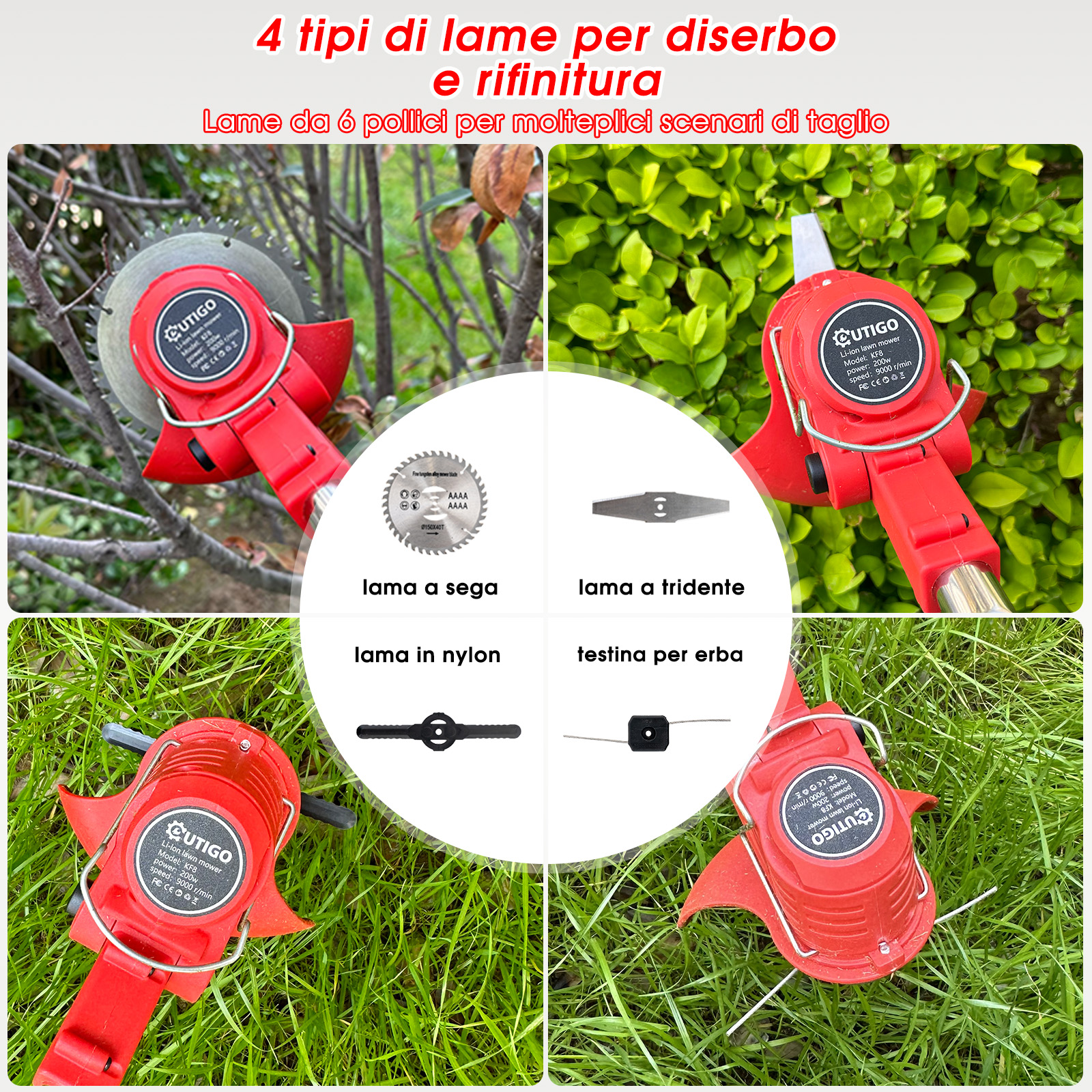 Quattro tipi di lame per decespugliatore: sega, tridente, nylon e testa.