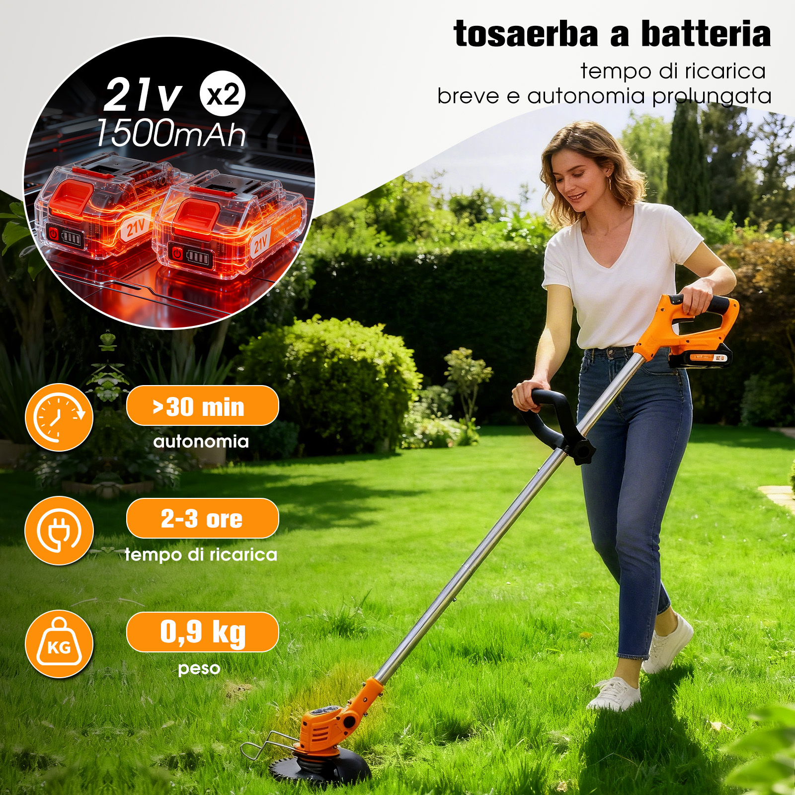 Donna taglia prato con rasaerba a batteria; 2x 21V, 30 min autonomia.