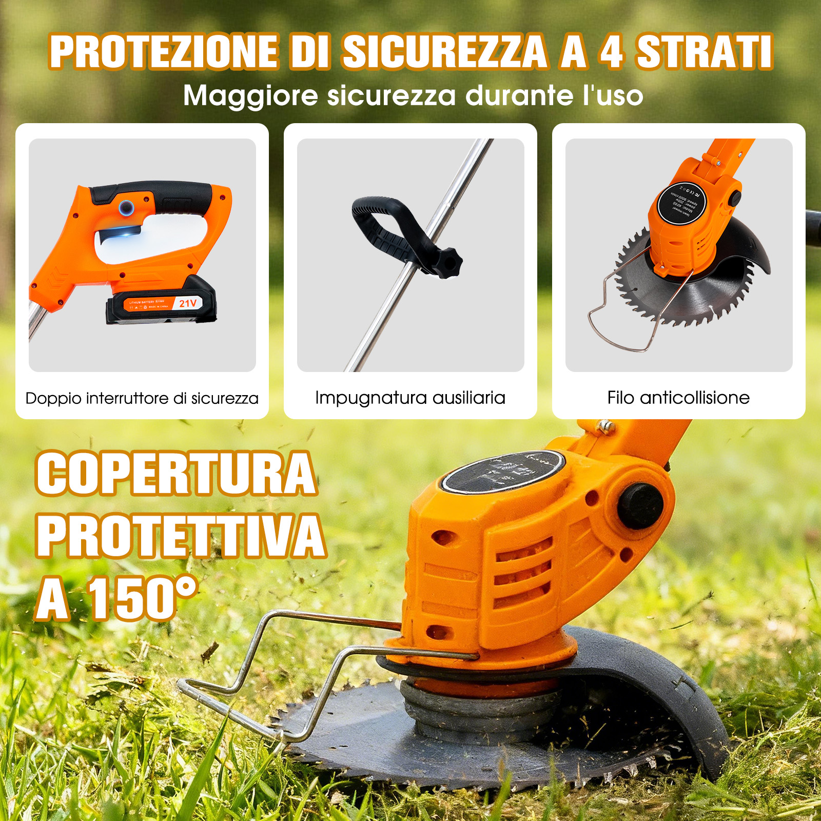 Dettaglio di un decespugliatore arancione con lama e protezioni sull'erba.