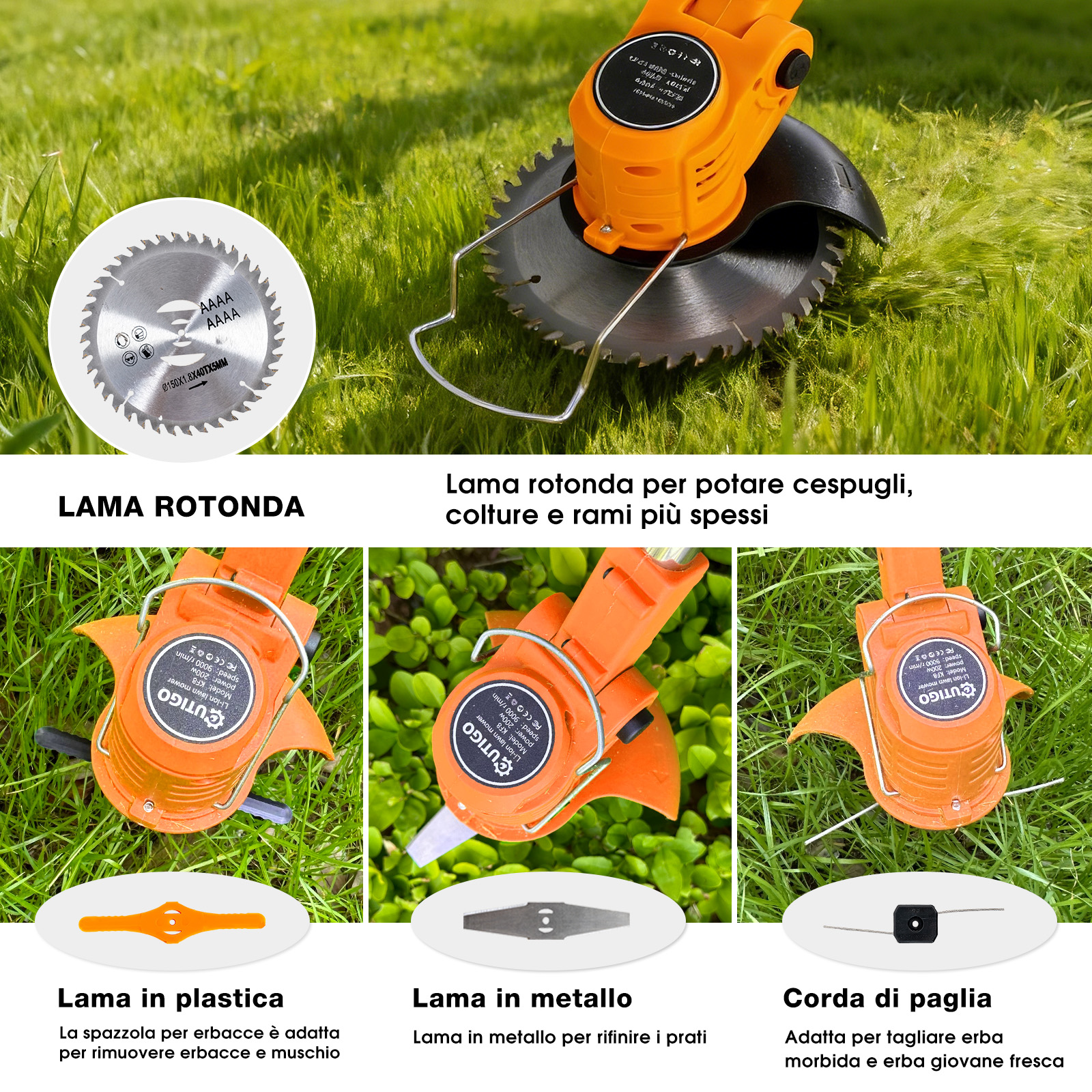 Un tagliaerba arancione con vari accessori da taglio sull'erba.