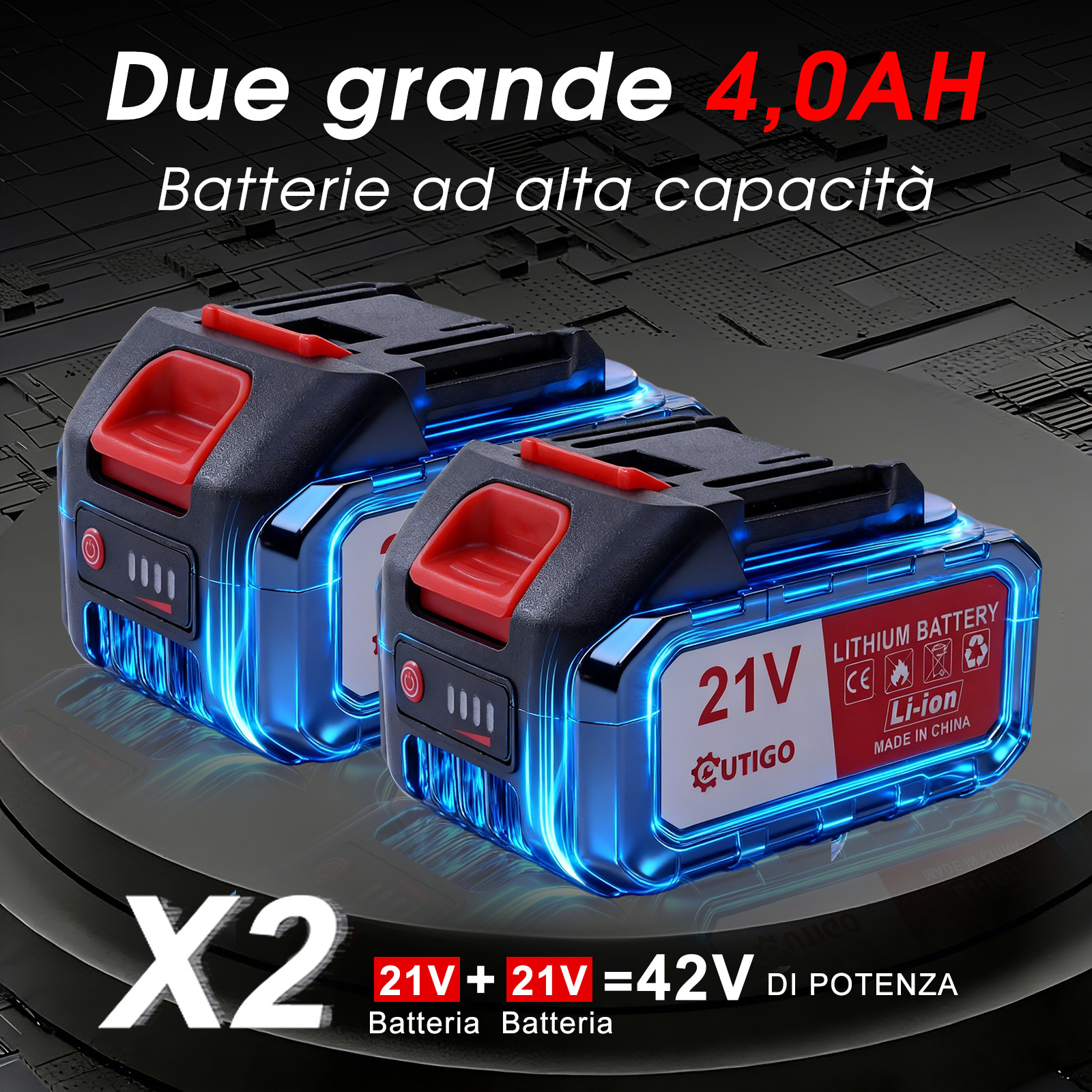 Due batterie 21V 4.0AH agli ioni di litio con bordi blu luminosi.
