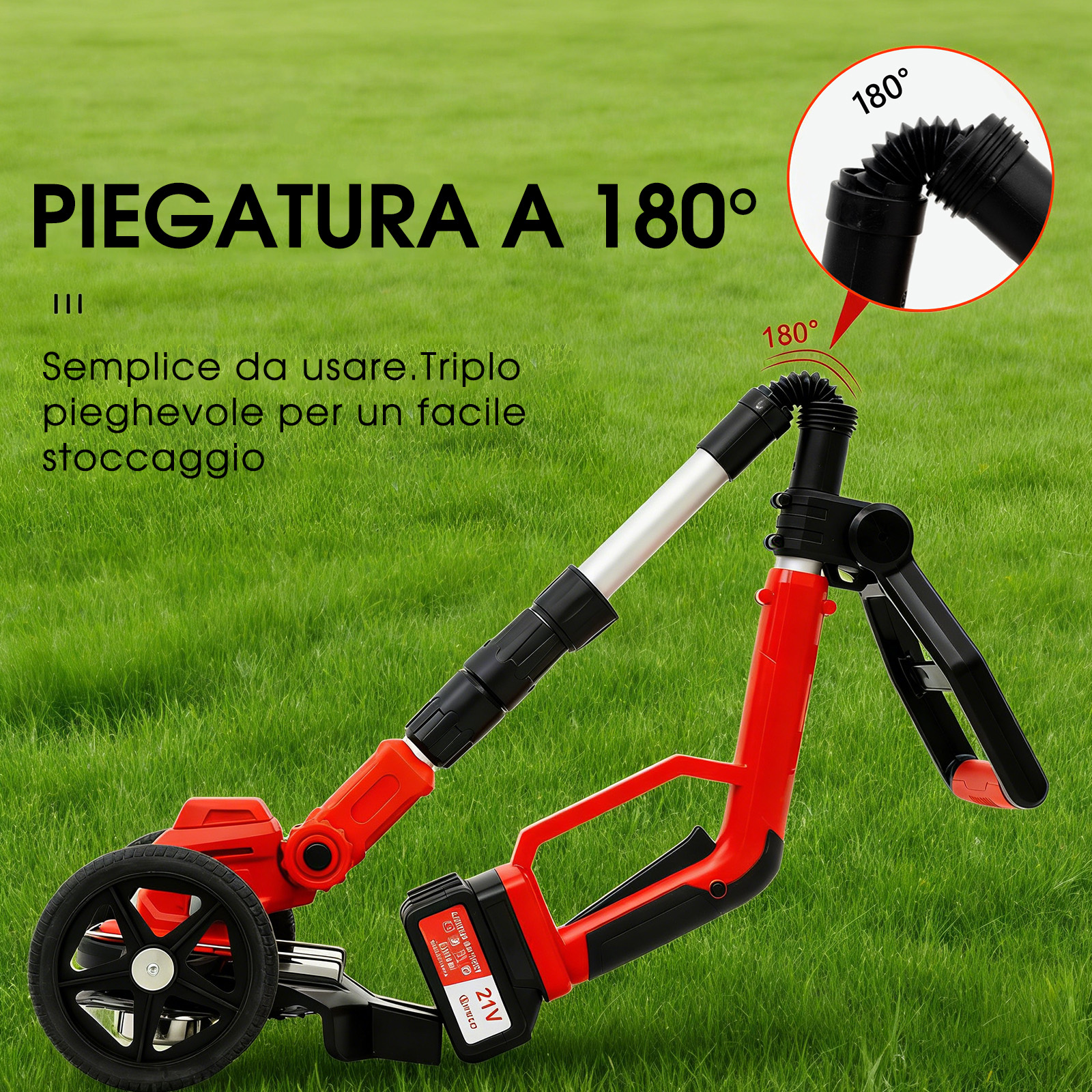 Un decespugliatore rosso e nero con batteria 21V su erba verde.