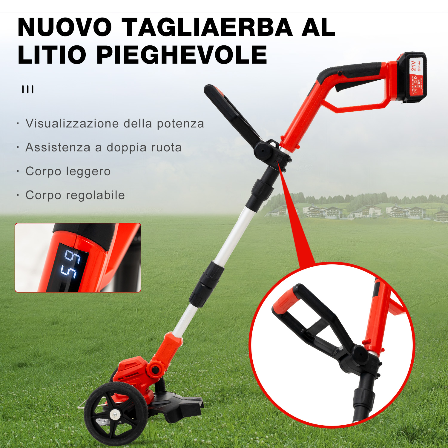 Un tosaerba a batteria rosso e nero con ruote e display su erba verde.
