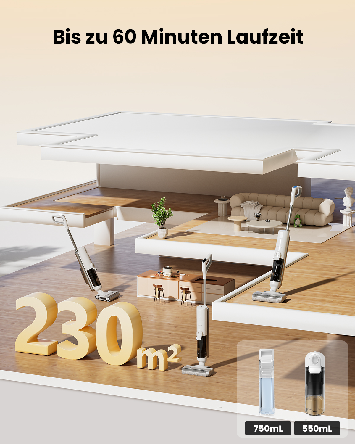 Bodenreiniger-Set mit 2 Geräten, 230m² Abdeckung, 60 Min Laufzeit.