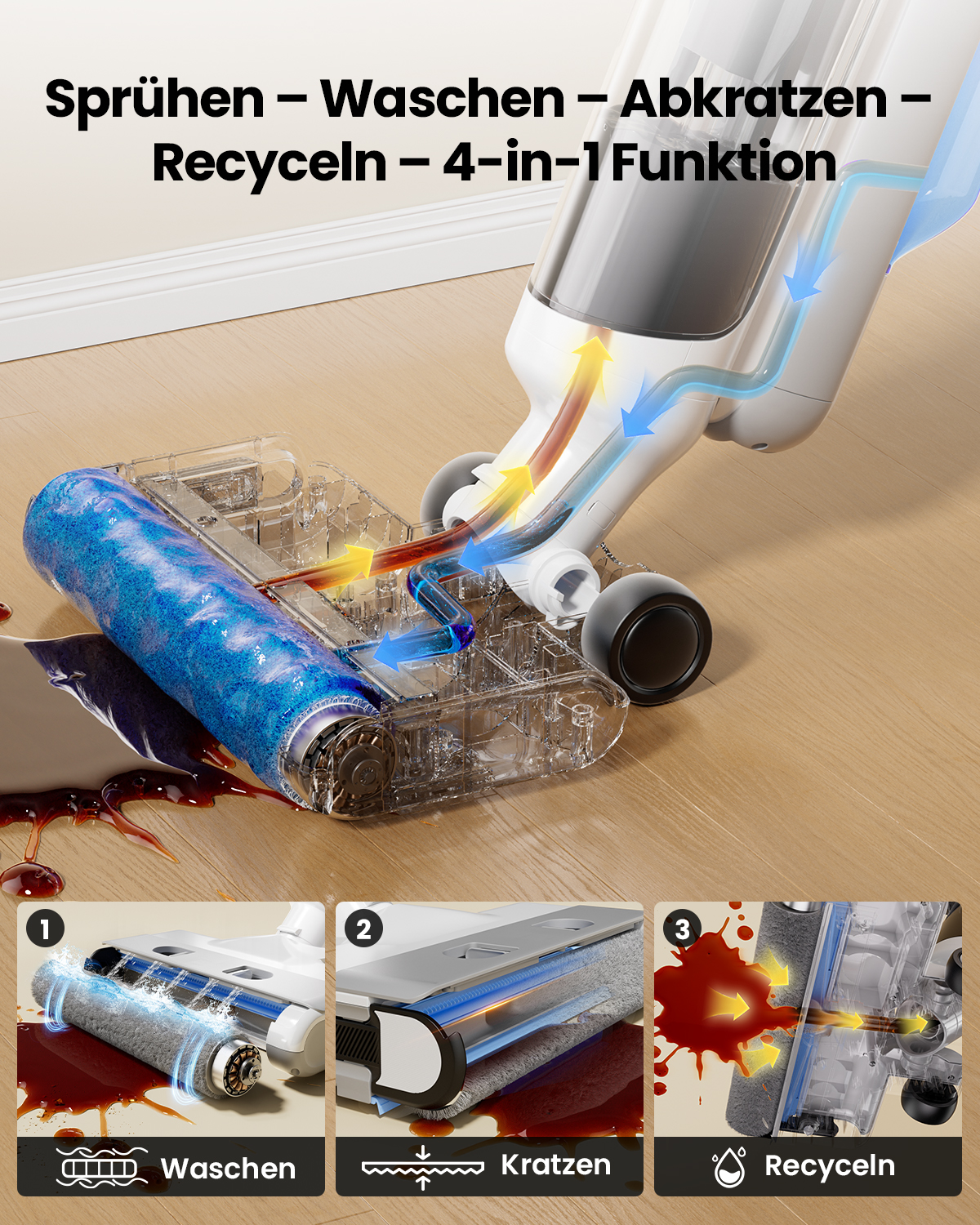 Ein Nasssauger mit 4-in-1 Funktion: Sprühen, Waschen, Abkratzen, Recyceln.