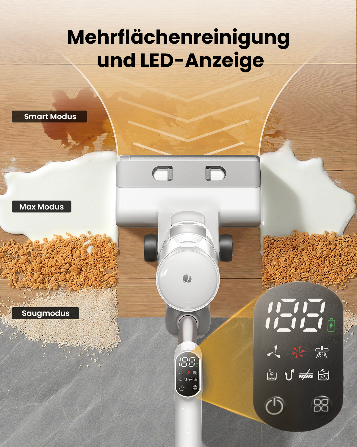 Reinigungsgerät reinigt verschüttete Flüssigkeiten und Krümel auf Holz- und Steinböden.