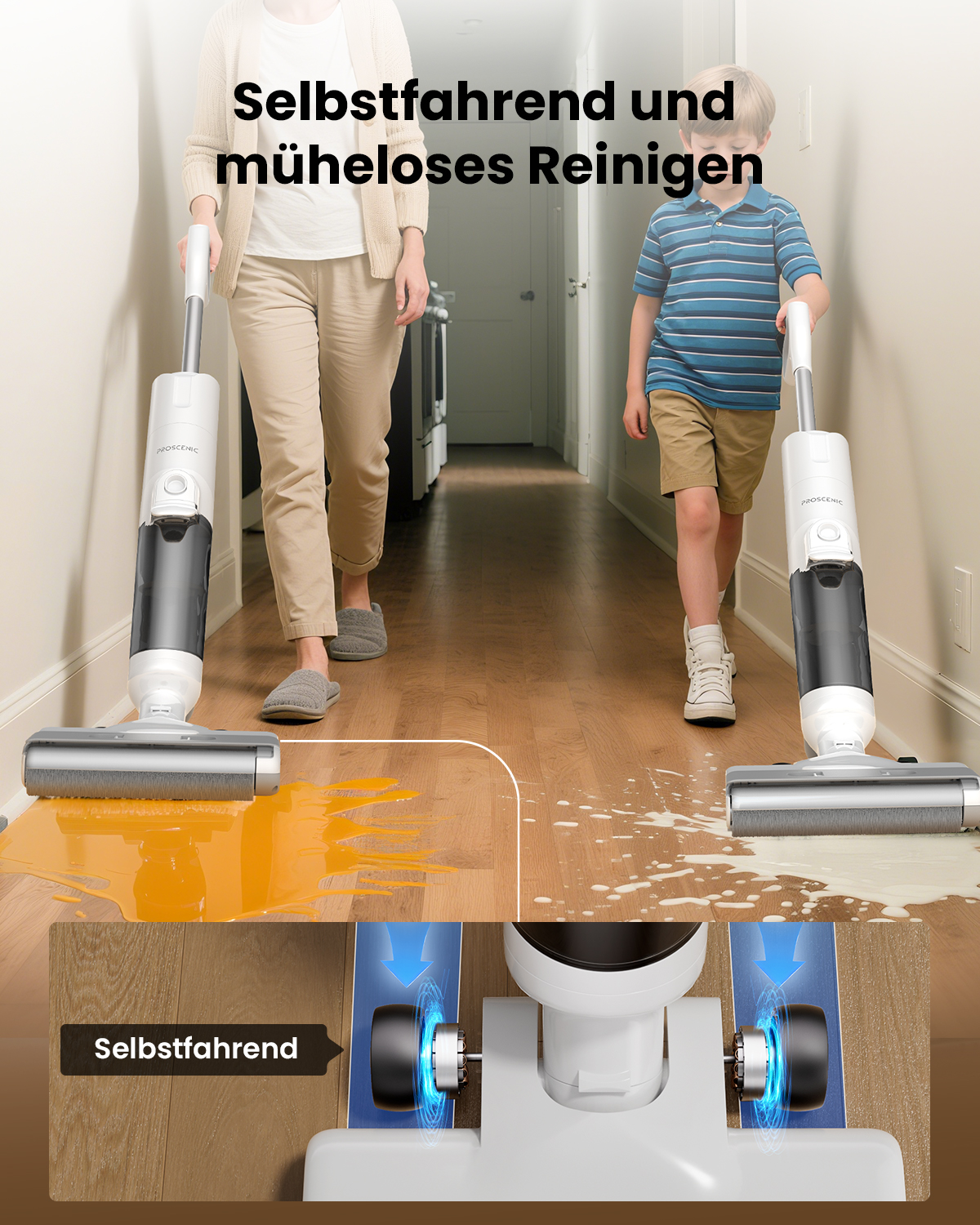 Zwei Personen reinigen Böden mit Nass-/Trockensaugern, die Flüssigkeiten aufsaugen.