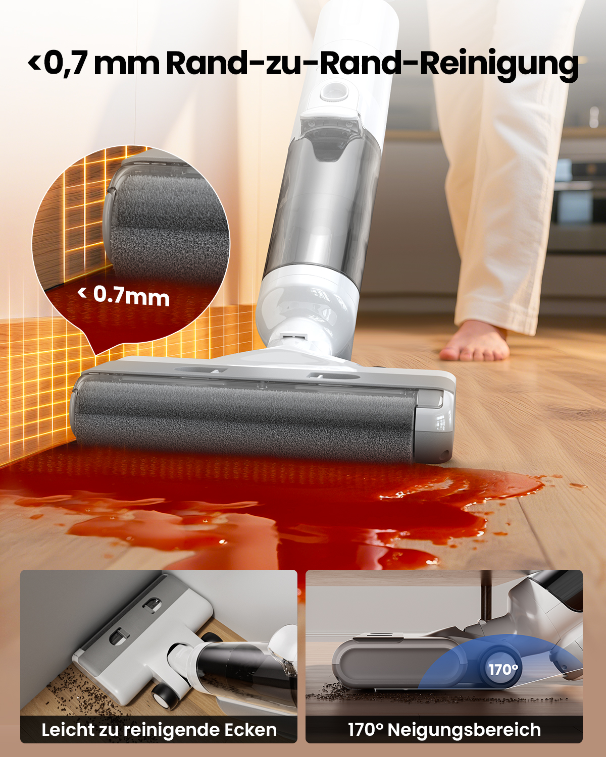 Bodenreiniger reinigt nahe an Wänden und Ecken, mit 170° Neigung.