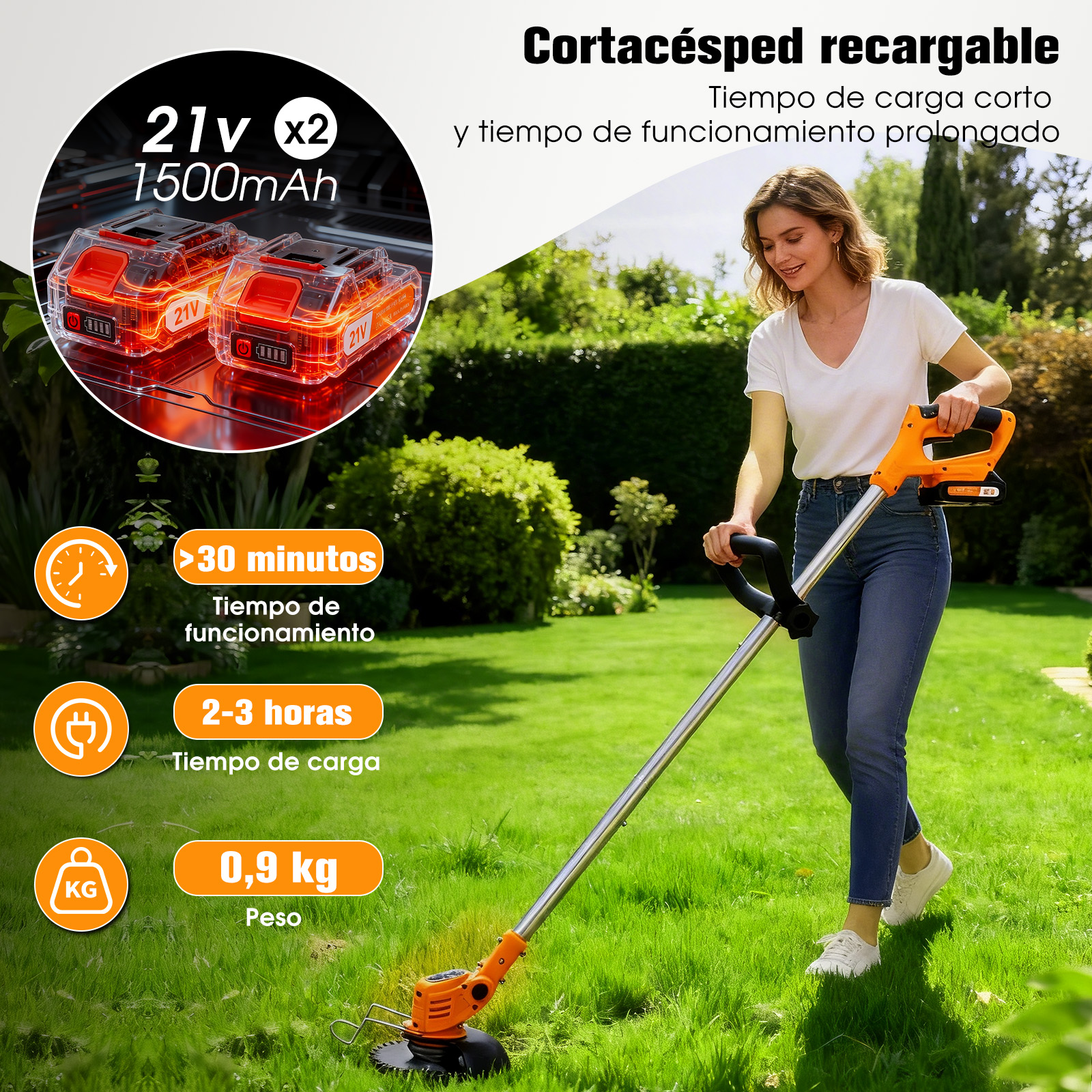 Mujer cortando césped con cortacésped naranja. Baterías 2x 21V 1500mAh.