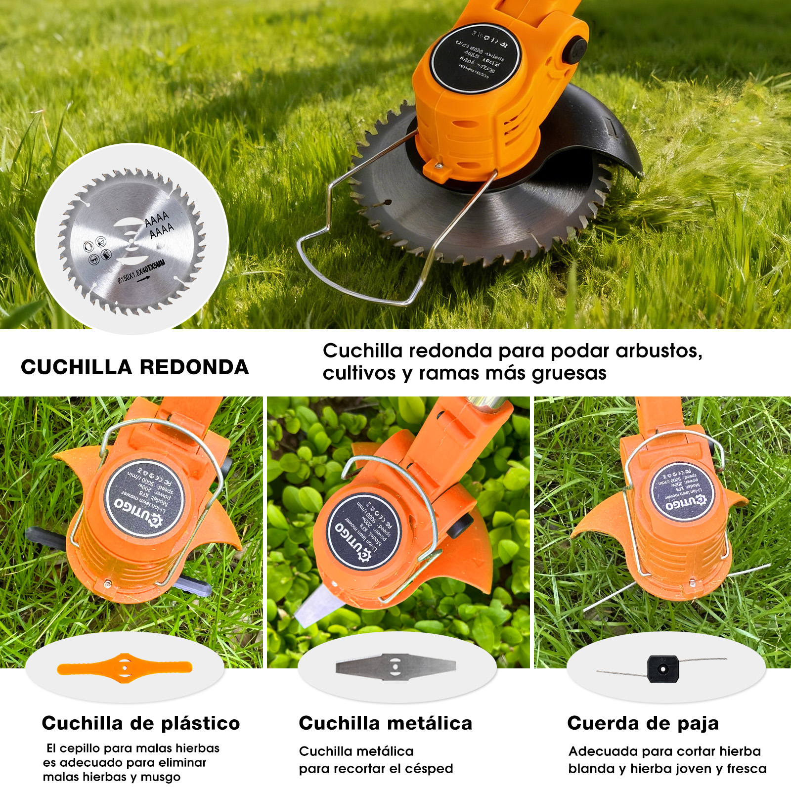 Un kit de cortasetos naranja con varios accesorios de corte.