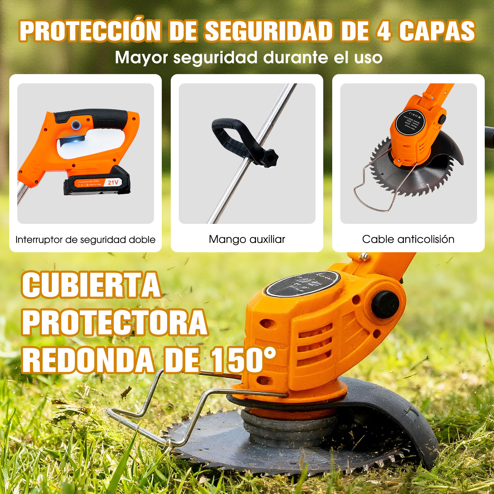 Un cortabordes naranja con una hoja de sierra en la hierba.