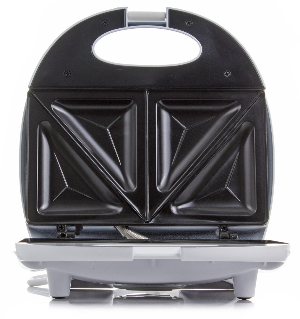 Otwarty opiekacz do kanapek z czarnymi płytami grzewczymi i białą podstawą.