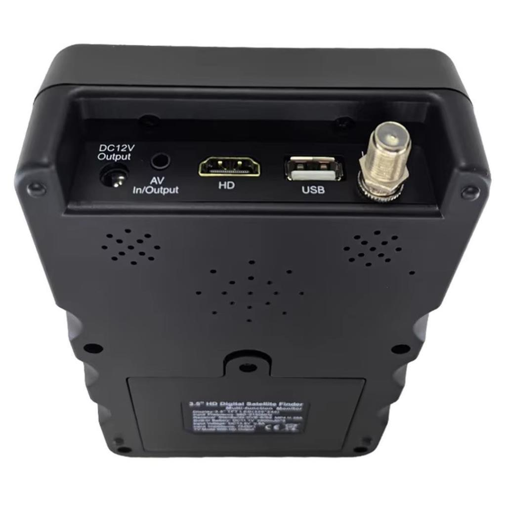 DC12V, AV, HD, USB ve koaksiyel bağlantı noktalarına sahip siyah uydu bulucu.