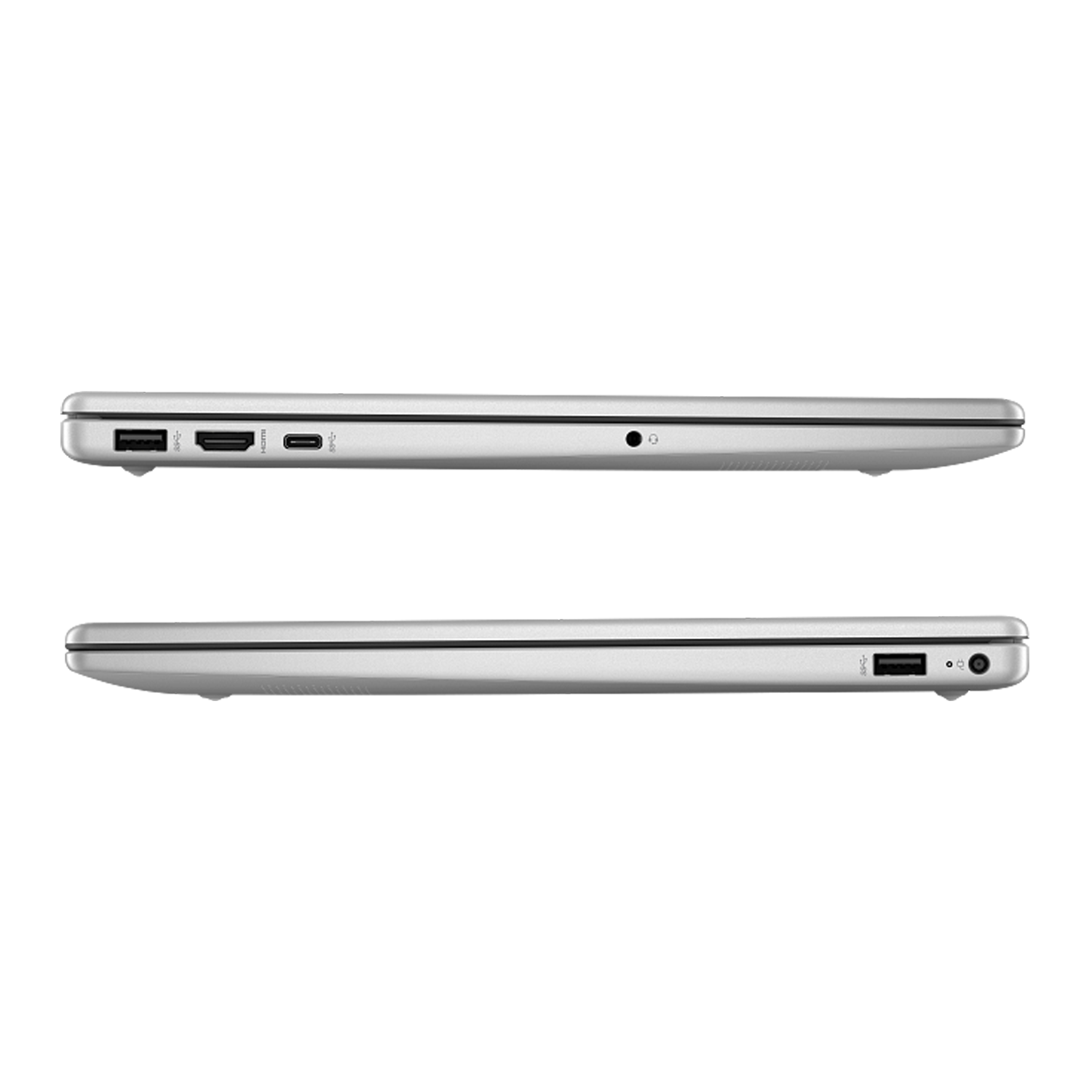 Gümüş laptop profili, portlar gösteriliyor: USB, HDMI, USB-C, kulaklık.