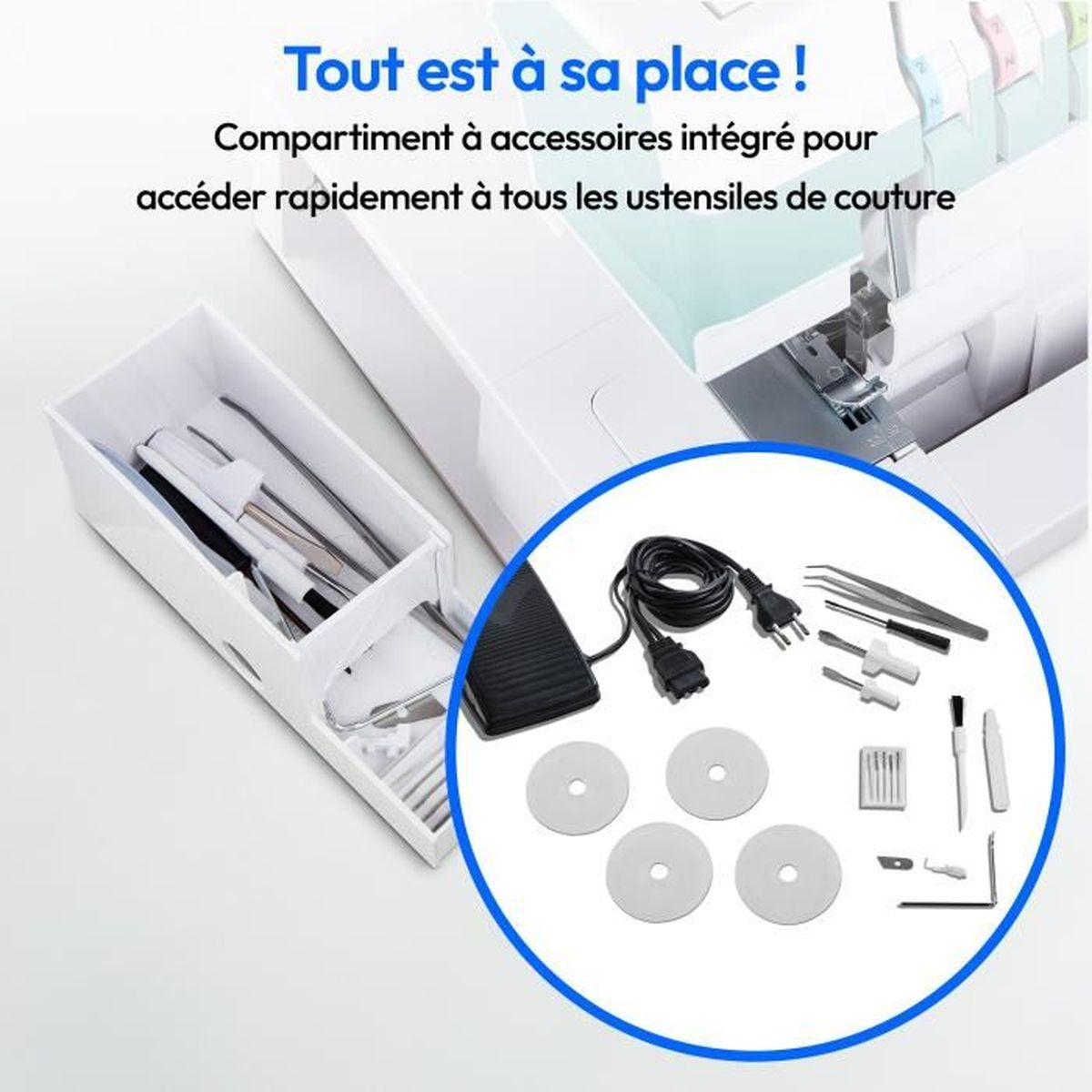 Akcesoria do maszyny do szycia w schowku, z pedałem nożnym i narzędziami.