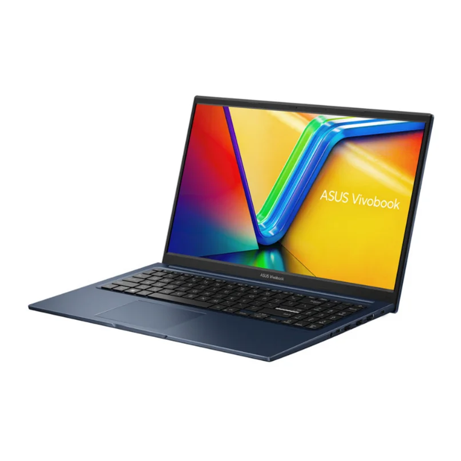 Klavye ve aydınlatılmış ekrana sahip koyu mavi Asus Vivobook dizüstü bilgisayar.
