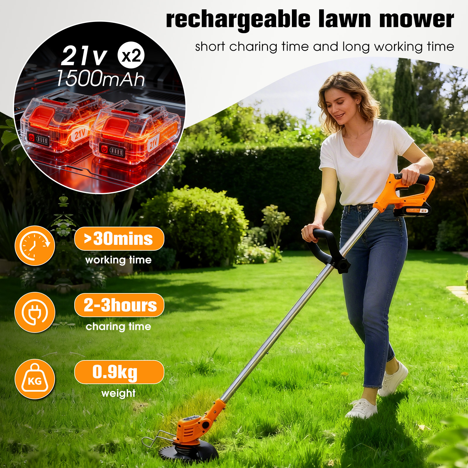 Kobieta kosi trawnik pomarańczowo-szarym kosiarka akumulatorowa. Lewo: baterie, <gt/>30 min, 2-3h ładowania, 0,9 kg.