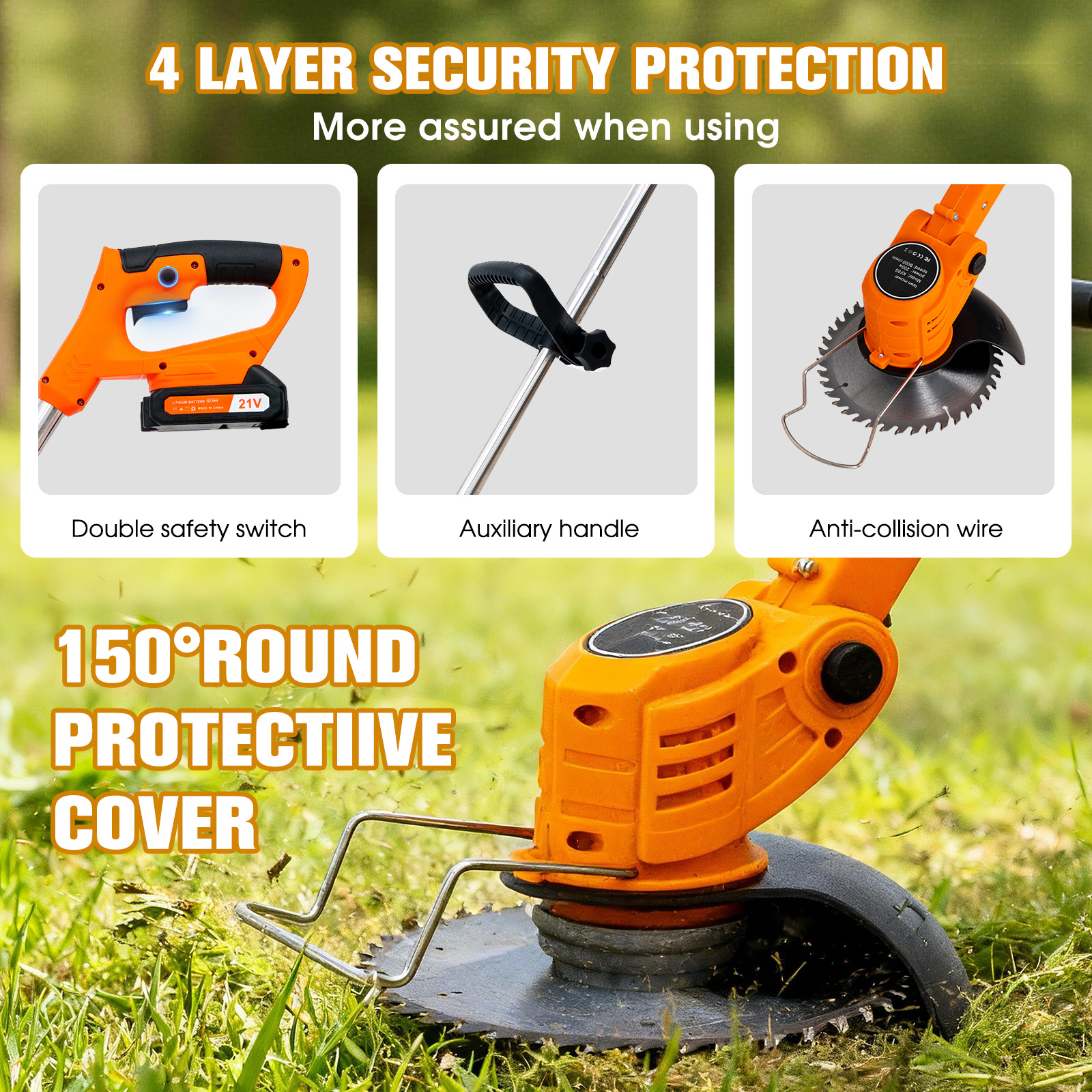 Pomarańczowa podkaszarka z 4-warstwową ochroną: wyłącznik bezpieczeństwa, uchwyt pomocniczy.