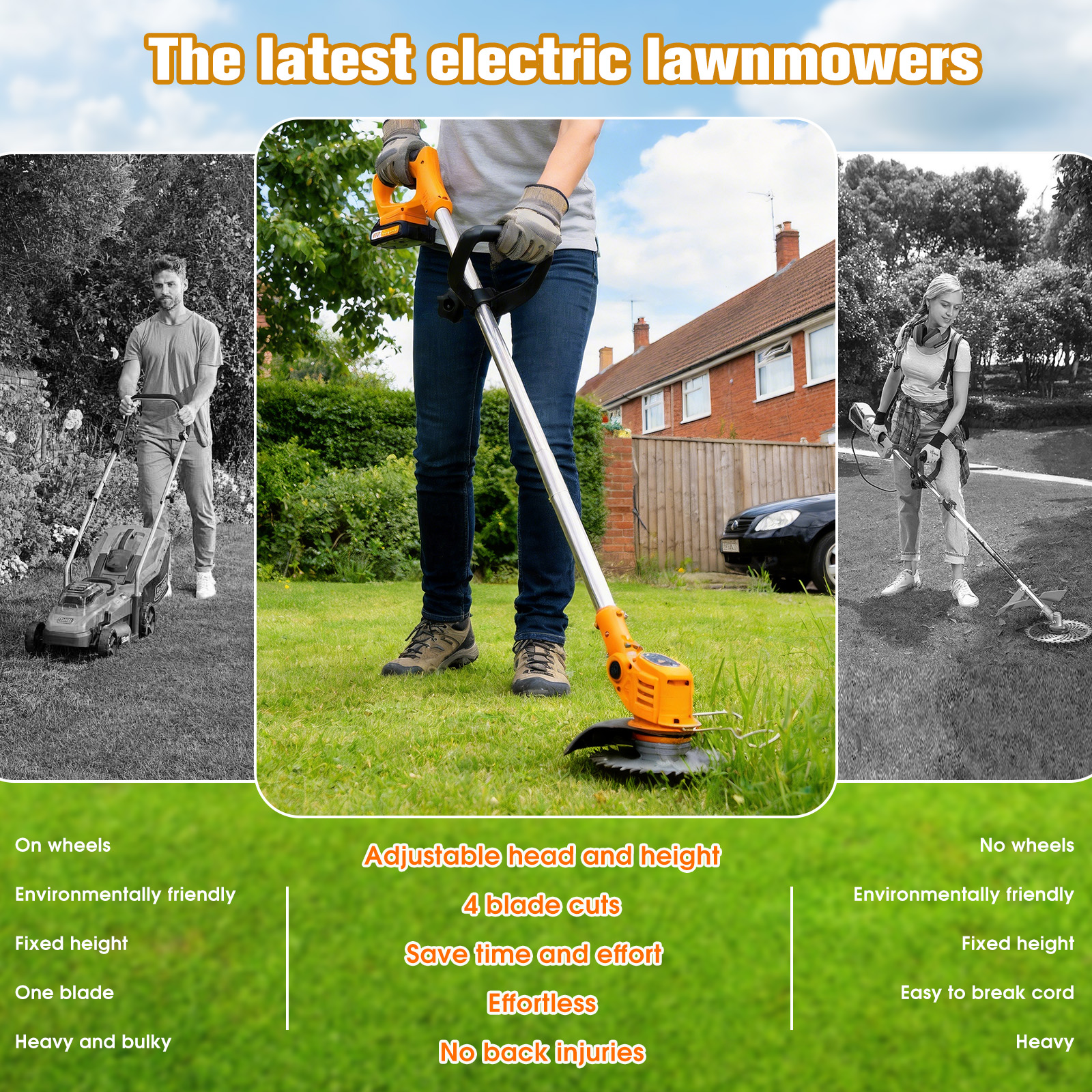 Mężczyzna kosi trawnik, osoba z podkaszarką, kobieta z podkaszarką.