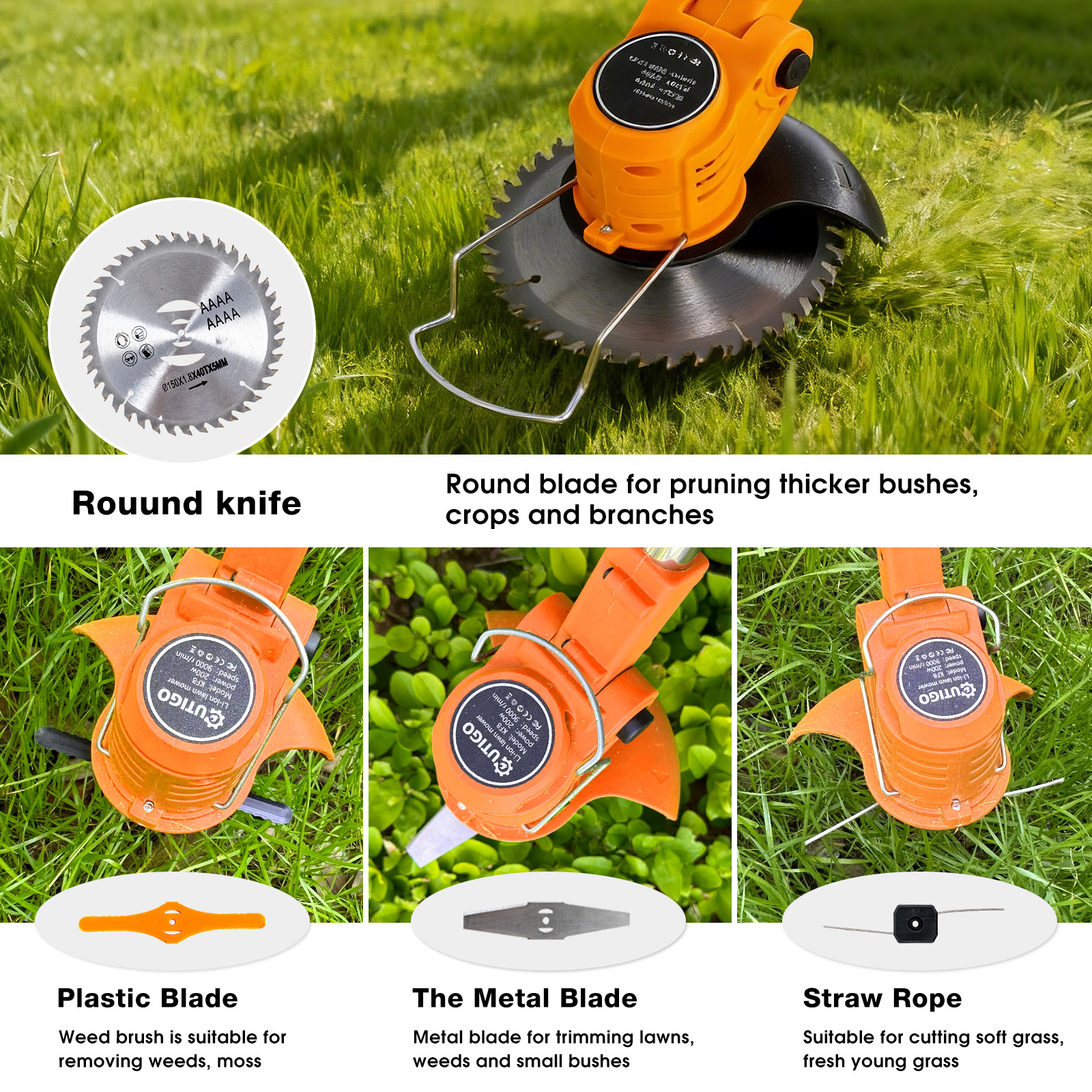 Zbliżenie na podkaszarkę z różnymi nasadkami tnącymi na trawie.