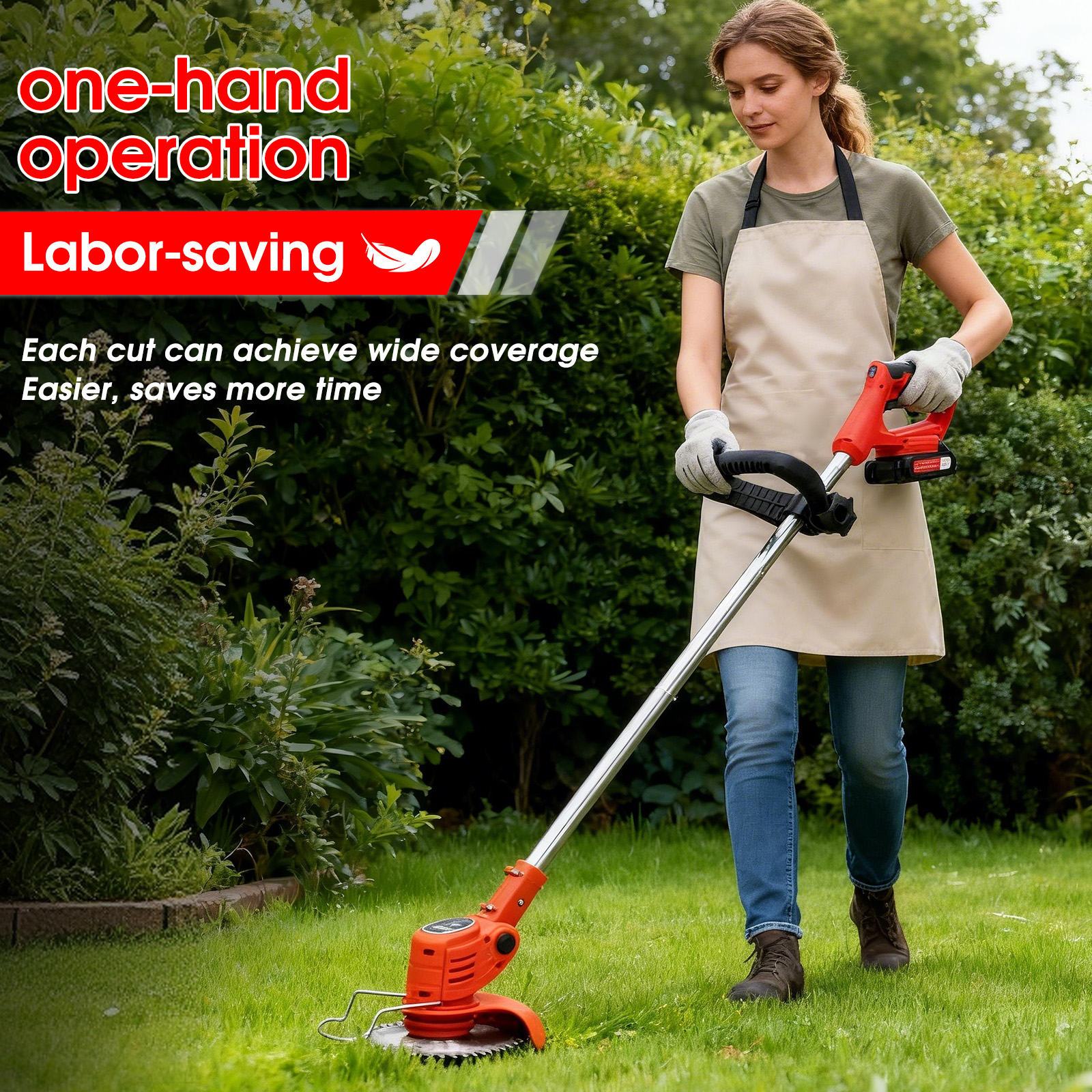 Kobieta przycina trawę pomarańczową podkaszarką w ogrodzie.