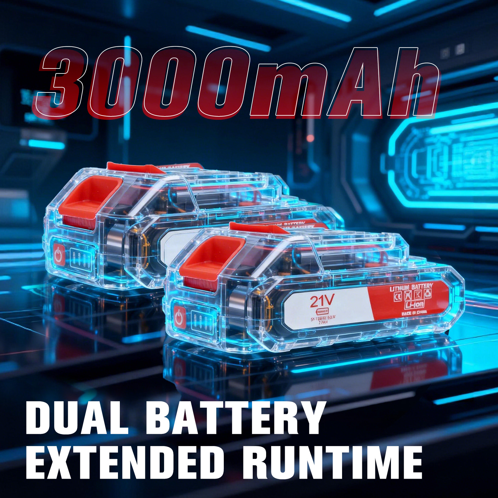 Dwa przezroczyste akumulatory 21V z czerwonymi akcentami na niebieskim tle.