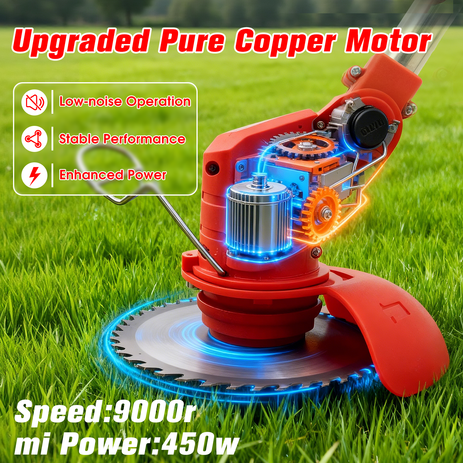 Czerwona podkaszarka z widocznym silnikiem i zębatkami, na zielonej trawie.