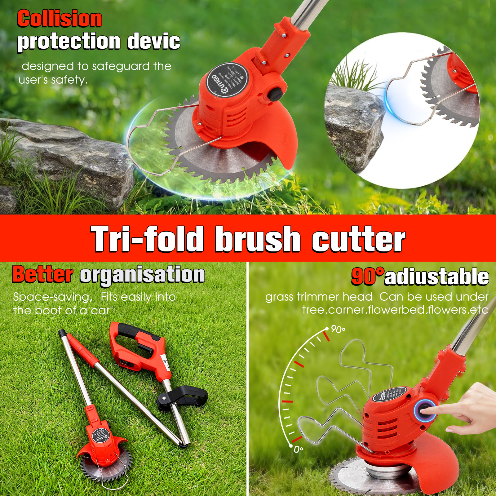 Pomarańczowa podkaszarka z ostrzami i regulowaną głowicą, stojąca na zielonej trawie.